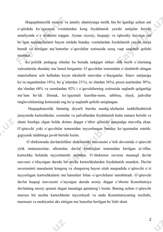 va chuqurroq bayon etish maqsadida o`qituvchi o`zi tayyorlagan kartochkalarni ma`lumotlari bilan o`quvchilarni tanishtiradi. o`qituvchi davlat huquqi mavzusini o`tayotgan darsda asosiy diqqat e`tiborni konstitutsiya davlatning asosiy qonuni degan masalaga qaratmog`i lozim. buning uchun o`qituvchi maxsus bir nechta kartochkalar tayyorlaydi va unda konstitutsiyaning tuzilishi, mazmuni va mohiyatini aks ettirgan ma`lumotlar berilgan bo`lishi shart. 2. huquqshunoslik darslarida modellashtirilgan ta`lim tizimi 1. har bir darsda o`tiladigan mavzuning mazmuni, xarakteri va o`rganish obyektlarining hajmi hamda miqdoriga ko`ra, shuningdek, dars o`tilayotgan sinf o`quvchilarining bilim darajasi va o`qituvchining tayyorgarligiga qarab mashg`alotlar har xil shaklda qurilishi, turli usullar bilan tashkil etilishi mumkinki, uni hozirgi davr talabidan kelib chiqib yangi texnologik ta`lim degan tushuncha bilan ifodalash mumkin. 2. ta`limning texnologik usullaridan biri darslarda modellashtirilgan ta`lim usulini qo`llab borishdir. modellashtirish deganda har bir dars mashg`ulotini tashkil etishda o`tiladigan mavzuga tegishli majburiy bilim hajmini qamrab oluvchi materiallarni to`la aks ettira oladigan asosiy yo`nalish va tamoyillarni belgilab olish tushuniladi. dars mashg`ulotlari uchun …