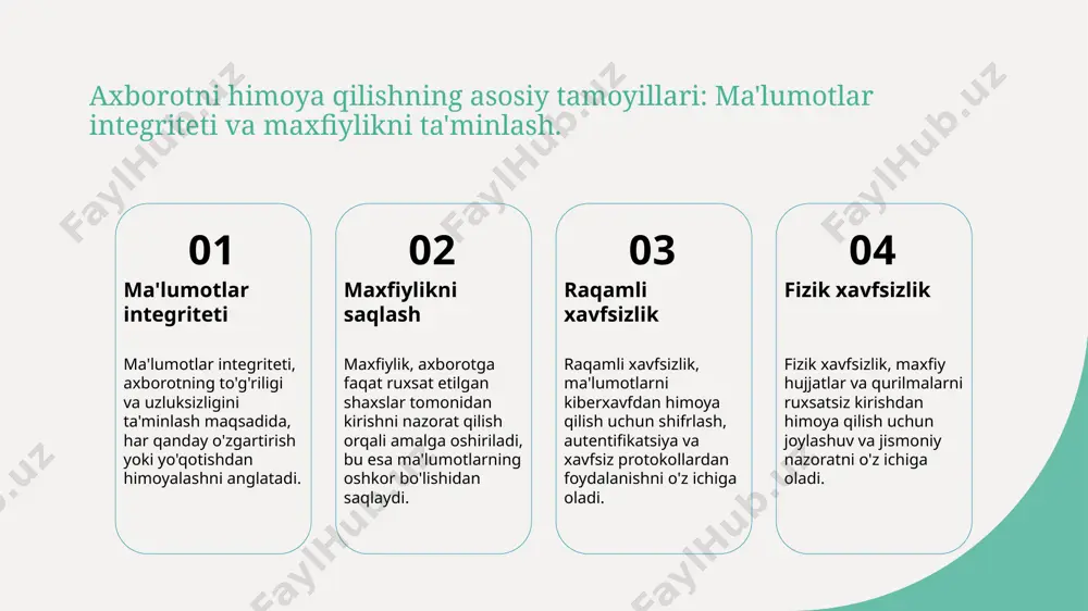 mexanizmlari yordamida xavfsizlikni ta'minlash muhimdir. axborot xavfsizligi tizimlarining asosiy komponentlari va funksiyalari. 1 axborot xavfsizligi tizimlari axborot xavfsizligi tizimlari ma'lumotlarni himoya qilishga mo'ljallangan kompleks tuzilmalardir. ular ma'lumotlarni xavfsiz saqlash va yetkazib berishni ta'minlaydi. 2 raqamli himoya raqamli himoya, shifrlash, antivirus dasturlari va xavfsizlik devorlari orqali amalga oshiriladi. bu usullar axborotni raqobatbardosh tahdidlardan himoya qiladi. 3 jismoniy xavfsizlik jismoniy xavfsizlik axborot markazlarini, serverlarni va boshqa muhim infratuzilmalarni himoya qilishni o'z ichiga oladi. bu, kirishni nazorat qilish va kuzatuv tizimlari orqali amalga oshiriladi. 4 xavfsizlik protokollari xavfsizlik protokollari axborot almashish jarayonida ma'lumotlarni xavfsizligini ta'minlaydi. ular ssl, tls kabi standartlar orqali ma'lumotlarning maxfiyligini saqlaydi. kiberxavfsizlik strategiyalari: tahdidlarga qarshi kurashish usullari. kiberxavfsizlik strategiyalari, tahdidlarga qarshi kurashish uchun muhim ahamiyatga ega. ular quyidagilarni o'z ichiga oladi: tarmoqni himoya qilish, foydalanuvchi kirishini nazorat qilish va ma'lumotlarni shifrlash. bularning barchasi axborotning yaxlitligi va maxfiyligini ta'minlashda yordam beradi. ma'lumotlar himoyasi: shifrlash va kirish nazorati tizimlari. 1 shifrlash texnologiyalari …