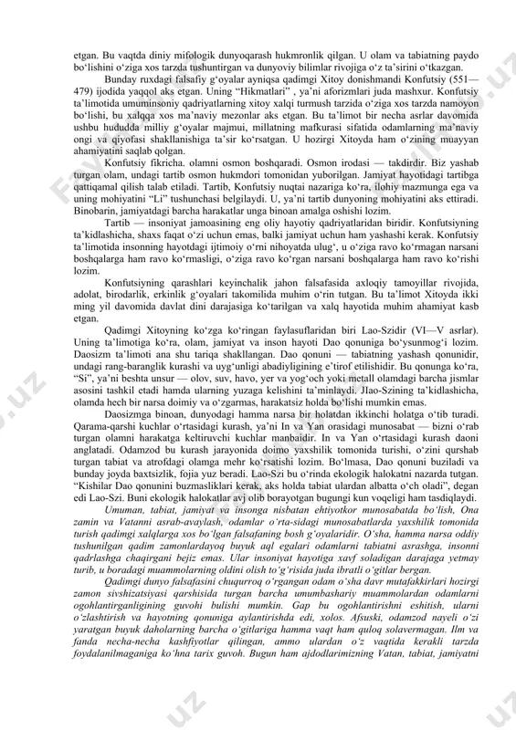 oddiy bir tarzda ifodalanishi edi. aynan ana shu hol tabiiy bilimlar rivojiga, garchand sodda tarzda bo‘lsa-da, aksariyat hodisalarning falsafiy asosda izox,lanishiga sabab bo‘lgan. ikkinchi holatda esa, hali tabiat kuchlarining qarshisida nihoyatda ojiz bo‘lgan odamzod, albatta, tevarak atrofdagi voqea-hodisalarni mifologik izohlashi tabiiy bir hol edi. shu bilan birga,odamning mavjudlik xossalarini va olam qonuniyatlarini ilmiy tushunish ko‘nikmasi hali shakllanib ulgurmagan o‘sha qadim zamonlarda, afsona hamda rivoyatlarga asoslanib fikr yuritmaslikning imkoni ham yo‘q edi. bu — o‘sha davrlardan qolgan yozma manbalarda, xususan, “xo‘jayinning o‘z quli bilan hayotining mazmuni haqida suhbati”, “arfist qo‘shig‘i” , “o‘z hayotidan hafsalasi pir bo‘lgan kishining o‘z joni bilan suhbati” kabi bitiklarda yaqqol namoyon bo‘lgan. ularda hayotning, umrning mazmuni, o‘sha davrdagi odamlargaxos tuyg‘ular bayon qilingan. qadimgi misr va bobilda shakllangan falsafaning eng asosiy xususiyati shundan iborat ediki, ularda, bir tomondan, xudolarga ishonch, ilohiy kuchlarning tabiat va jamiyatga ko‘rsatadigan ta’sirini mutlaqlashtirish xususiyati ustuvor bo‘lgan bo‘lsa, ikkinchi tomondan, afsona va rivoyatlar tarzida …