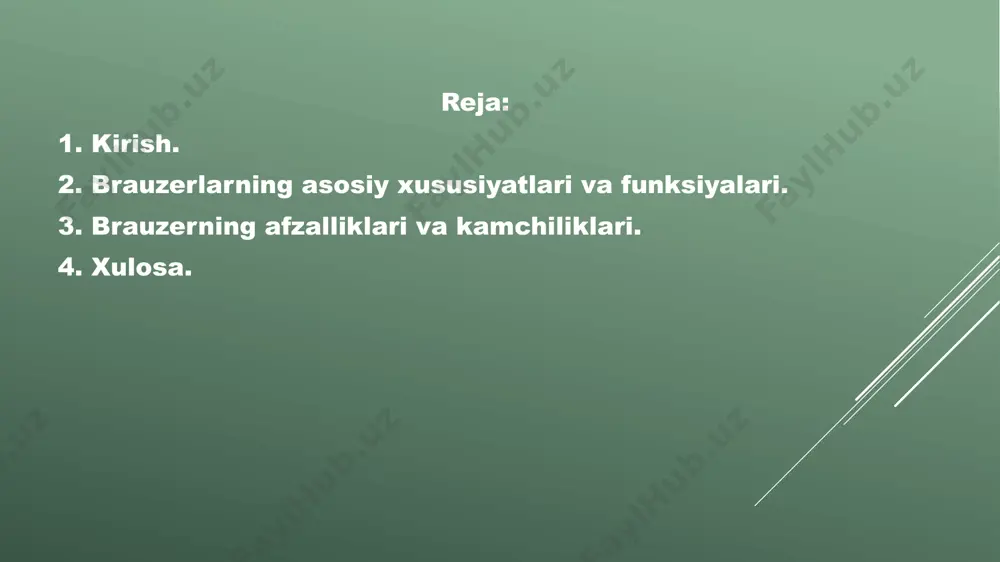 pple kompaniyasining macos va ios foydalanuvchilari uchun mo‘ljallangan brauzeri. opera: tezlik va samaradorlikni oshirish uchun maxsus funksiyalarga ega. - mobil brauzerlar mobil brauzerlar smartfon va planshetlar uchun mo‘ljallangan. ular kam quvvat sarflaydi, kichik ekran uchun optimallashtirilgan interfeysga ega va ko‘p trafikni tejash imkoniyatlarini taqdim etadi. misollar: google chrome (mobil): android va ios uchun mavjud bo‘lib, chrome bilan sinxronlash xususiyatlariga ega. safari (ios): ios qurilmalari uchun asosiy brauzer, optimallashtirilgan tezlik va xavfsizlik xususiyatlariga ega. opera mini: kam trafik sarfi uchun yaratilgan, sekin internet tarmog'ida ham tezkor ishlaydi. samsung internet: android uchun mo'ljallangan, samsung foydalanuvchilari orasida keng tarqalgan. brave (mobil): maxfiylikka e'tibor qaratilgan, reklama bloklash funksiyasi bilan ta'minlangan. - ochiq kodli (open-source) brauzerlar ochiq kodli brauzerlar dasturiy ta'minotni mustaqil ishlab chiquvchilar va hamjamiyat tomonidan sozlash va o'zgartirishga imkon beradi. bu brauzerlar o‘z foydalanuvchilari orasida yuqori darajadagi maxfiylik va sozlanish imkoniyatlarini taqdim etadi. misollar: mozilla firefox: ochiq kodli, tez-tez yangilanib turadigan va maxfiylikni …