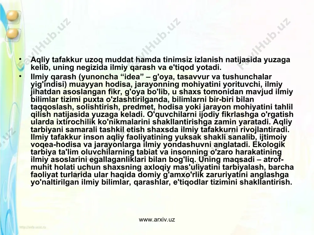www.arxiv.uz www.arxiv.uz bugungi kunda insoniyatni xavf ostida qoldirayotgan hodisalardan biri ekologik vaziyat hisoblanadi. jamiyatning atrof-muhit bilan o'zaro buzilgan aloqasi keng jamoatchilik o'rtasida katta tashvish uyg'otmoqda. insonning tabiiy boyliklardan haddan tashqari ortiq foydalanishi oqibatida sayyoramizning qiyofasi o'zgarib bormoqda. yashil o'rmonlar siyraklashib, o'simlik va hayvonot turlari kamaymoqda, foydali qazilmalar tugab bormoqda. suv havzalari va atmosfera havosining ifloslanishi, chiqindi moddalarning ortib borishi natijasida aholini oziq-ovqat bilan ta'minlash, elektr energiya va chuchuk suv muammolari borgan sari murakkablashmoqda. oqibatda, million-million yillar davomida turg'un bo'lgan tabiiy holatga putur yetmoqda. inson tabiatga, o'zini o'rab olgan muhitga nisbatan o'z munosabatini o'zgartirishi, tabiat qonunlarini bilishi, o'rganishi va ular asosida o'z hayotini rivojlantirishi shart. tabiat qonunlariga mos keladigan hayot yo'llarini ishlab chiqish kerak. aks holda inson va jamiyat katta tabiiy ofatlarning kelib chiqishiga sababchi bo'ladi va shu ofatlardan halok bo'ladi. bir necha million yillar davomida bunyod bo'lgan koinotning tabiiy ko'rinishi keyingi 10-15 yil ichida juda og'ir holatga tushdi. havo buzildi, …