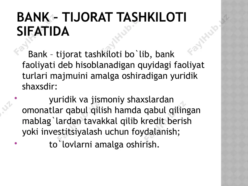 kil etib, uning qolgan qismi nodavlat yuridik shaxslarga tegishli bo`lgan bankdir. shu'ba bank shu'ba bank – ustav kapitali to`liq norezident-bank tomonidan to`langan bankdir. bizning respublikamiz hududida bunday banklarni ochish uchun moliyaviy ahvoli mustahkam bo`lib, ish-faoliyatida bekami-ko`st obro` qozongan norezident-banklargagina ruxsat beriladi. shu'ba-bank ochishni yoki bank kapitalida ishtirok etishni istagan norezident-bank ustav kapitali kamida 30 mln. dollarni (ekvivalentda) tashkil etishi kerak. banklarni ro`yxatdan o`tkazish va faoliyatini litsenziyalash tartibi banklar markaziy bankda ro`yxatdan o`tkazilib, litsenziya olganidan keyingina bank operatsiyalarini amalga oshirishi va yuridik shaxs maqomini olishi mumkin. banklarni ro`yxatdan o`tkazish va litsenziyalashning huquqiy asoslari banklar va bank faoliyati to`g`risidagi qonunning 5, 10 – 13-moddalarida tartibga solinib, ular markaziy bankning maxsus me'yoriy hujjatida o`zining aniq ifodasini topdi. markaziy bankning nazorat funksiyalari markaziy bankning nazorat funksiyalarini amalga oshirish bo`yicha vakolatlari markaziy bank to`g`risidagi qonunning 51-moddasida mustahkamlab berilgan bo`lib, u quyidagilarni belgilab beradi: bank operatsiyalarini amalga oshirish, buxgalteriya hisobi va bank statistik hisobotini yuritish, yillik …
