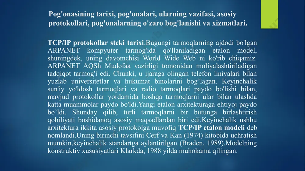 imot pog’onalari mavjud emas.bu pog’onalar shunchaki kerak emas edi,shuning uchun ular modelga kiritilmagan.buning o'rniga, amaliy oddiygina barcha seans va ularga kerak bo'lgan ko'rish xususiyatlarini o'z ichiga oladi.osi modelidagi tajriba bu fikrni to'g'ri ekanligini isbotladi:ko'pchilik ilovalar bu pog’onalarga juda kam ehtiyoj sezadi.transport pog’onasining yuqorisida amaliy pog’ona joylashgan. u barcha yuqori pog’ona protokollarni o'z ichiga oladi.eski protokollarga virtual terminal protokoli (telnet), fayllarni uzatish protokoli (ftp) va elektron pochta (smtp) kiradi.yillar davomida boshqa ko'plab protokollar qo'shildi.dns (domain name service – domen nomlar xizmati) xost nomlarini tarmoq nomlariga o’zgartirish imkonini beradi, http, world wide webda sahifalar yaratish uchun foydalaniladigan protokol va rtp, ovoz yoki filmlar kabi real vaqtda media taqdim etish protokoli kiradi. osi modeli ushbu model 1983 yilda xalqaro standartlar tashkiloti (iso) tomonidan ishlab chiqilgan. bu turli qatlamlarda ishlatiladigan xalqaro protokollarni standartlashtirish bo'yicha birinchi qadam edi. bu ochiq tizimlarni, ya'ni boshqa tizimlar bilan aloqa qilish uchun ochiq bo'lgan tizimlarni ulash bilan bog'liq bo'lib, …