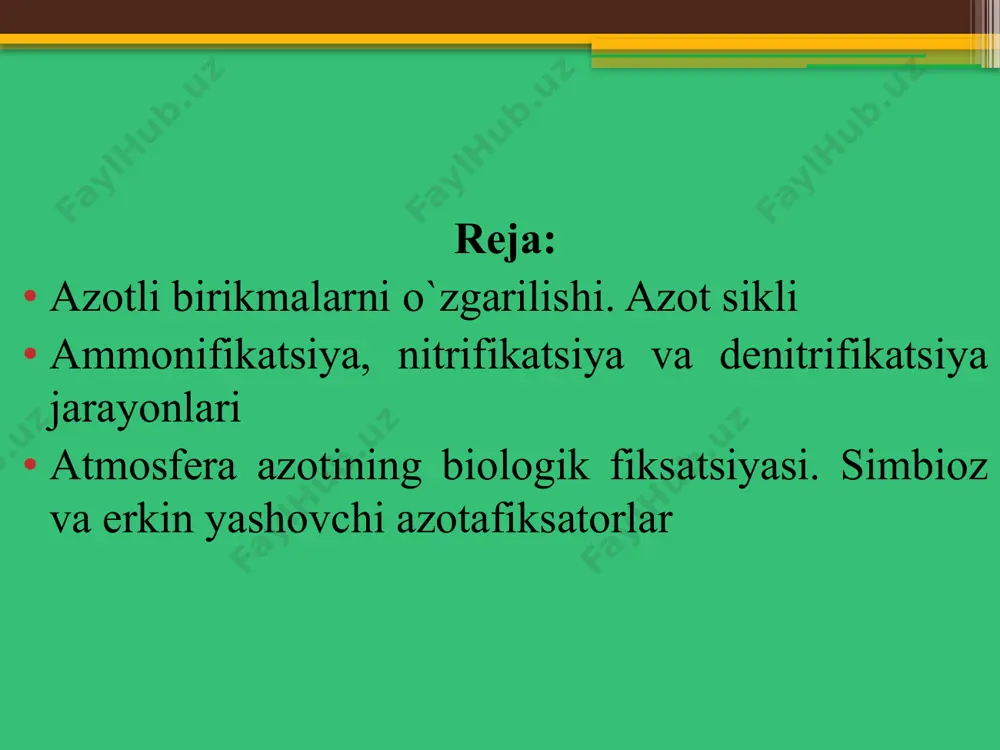 amida dezaminatsiya qilinib, azotli moddalar ammiak yoki ammoniy shakliga o‘tadi. oqsillar ammonifikatsiyasi (azotni minerallanishi) 1)ammiakni ajralishi bilan boradigan dezaminlanish r. ch2· chnh2 · соон r-ch=ch· соон +nh3 2)oksidlanish bilan boradigan dezaminlanashi r. ch2 · chnh2 · соон +1/2o2 r. coh · соон+nh3 3) qaytarilish natijasida dezaminlanish r. ch2-chnh2- соон + h2 r-ch2 · сн2· cоон +nh3 4) dekarboksillanish reaktsiyasi r-ch2-chnh2-cooh r- ch2-nh2+co2 3-bosqich: nitrifikatsiya: ammoniy ionlari (nh₄⁺) nitrifikatsiya jarayoni orqali nitrit (no₂⁻) va nitrat (no₃⁻) ga aylanadi. denitrifikatsiya: ayrim sharoitlarda ammoniy yana gaz holatidagi azotga (n₂) aylanib, atmosferaga chiqib ketishi mumkin. o‘simliklar tomonidan so‘rilishi: ba’zi o‘simliklar nh₄⁺ ionlarini o‘ziga singdirib, o‘sish jarayonida ishlatishi mumkin. pseudomonadaceae oilasi pseudomonas avlodi p. fluorescens p. aeruginosa bacillaceae oilasi clastridium avlodi cl.sporogenes cl. putrificus bacillaceae oilasi bacillus avlodi b.mycaides b. subtilis enterobacteriaceae oilasi proteus avlodi proteus vulgaris ammonifikatsiyaning salbiy ta’siri suv va tuproq ifloslanishi – ammonifikatsiya natijasida ortiqcha nh₃ yoki nh₄⁺ to‘planishi ekotizimga zarar yetkazishi …
