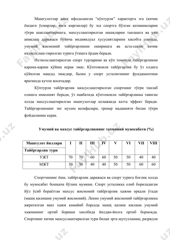 да олиб борилади. айниқса бу ўйин шаклида олиб бориш тавсия этилади. (е/атлет. б-н ўйин). техника ва тактика асослари қоидаларига риоя қилинган холда тайёрловчи ва махсус ёрдамчи машқлардан кенг фойдаланиш лозим. нагрузкалар болалар организми имконига мос келиши, нагрузкаларнинг такрорланишига қатъий риоя қилиш, жинсий группадаги ҳар бир ёш учун оптималь нагрузкани сақлаш, дам олиш учун махсус танаффусларни олдиндан белгилаш керак. машғулот сони катталарникига қараганда кам, хафтада 2-3 марта, баъзан 4 марта, машғулотлар 1,5-2 соат давом этиш керак. мусобақаларга чиқур тайёргарликдан кейингина қўйиш лозим. спорт тренировкасининг тузилиш босқичлари. режалаштириш жараёнида ўкувчиларнинг ўкув йили хусусиятларини хисобга олиш керак. шунга ва ёш хусусиятига боғлиқ холда спорт тренировкаларининг даврийлиги ҳам ўзгаради. энг кучайтирилган иш (нагрузка) каникул вақтида тўғри келиши керак. ўтиш даври эса экзамен пайитига (бахорга) тўғри келиши керак. спорт билан шуғулланиш тарбия характерига эга бўлиши лозим. болаларга спорт билан шуғулланишнинг аҳамиятининг тушунтириш, жамоат ишларига жалб этиш, коллектив олдига масъсулиятни (ответственность) сезишга, хушчақчақ, фаол йигит ва …