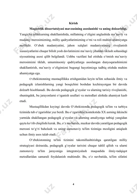 ifalari. · xx asrning ikkinchi yarmida o‘zbekistonda shakllangan asosiy pedagogik g‘oyalar va ularning evolyutsiyasini o‘rganish: bu davrda pedagogika sohasida yuz bergan asosiy o‘zgarishlar, yangiliklar va yutuqlarni aniqlash hamda ularga baho berish; · ilmiy-tadqiqot metodlarining tarixiy rivojlanishini tahlil qilish: xx asrning ikkinchi yarmida pedagogik tadqiqotlarda qo‘llanilgan asosiy metodlarni, ularning afzalliklari va cheklovlarini aniqlash, shuningdek, ushbu metodlarning ilmiy yondashuvlarga qanday ta'sir ko‘rsatganini o‘rganish; · zamonaviy ilmiy-tadqiqot metodlaridan foydalanish imkoniyatlarini baholash: yangi texnologiyalar va ilmiy yondashuvlar asosida pedagogik g‘oyalar tarixini o‘rganishda qo‘llanilishi mumkin bo‘lgan zamonaviy metodlar va ularning samaradorligini tahlil qilish; · pedagogik g‘oyalar tarixini o‘rganish metodologiyasini ishlab chiqish: xx asrning ikkinchi yarmida o‘zbekistonda rivojlangan pedagogik g‘oyalar tarixini chuqur va tizimli o‘rganish uchun mo‘ljallangan yangi yoki takomillashtirilgan ilmiy-tadqiqot metodlaridan foydalanishga asoslangan metodologiyani ishlab chiqish; · o‘zbekistondagi pedagogik g‘oyalar tarixini o‘rganishning amaliy ahamiyatini aniqlash: ushbu tadqiqot natijalarini zamonaviy ta'lim amaliyotiga tatbiq etish imkoniyatlarini ko‘rsatish, shu orqali ta'lim sifatini yaxshilashga va pedagog kadrlarni tayyorlash tizimini …