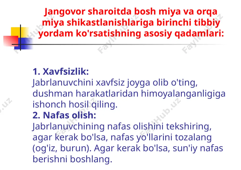 n ketishi davom etyapti. gemotaraks klinikasi: -qon yo`qotish; perkussiyada plevra bo`shlig`ida suyuqlik to`planganlik belgilari, nafas olish qiyinlashuvi; rentgenografiya (gemotoraks gorizontal yo`nalishdagi chiziq bilan). gemotoraks yigikganlik belgilari:-gemotaraks belgilari, punksiya paytida qon yo`qligi yoki juda kamligi, yo`g`on ignada - "qittay" quyqa. ochiq pnevmotoraks-plevra bo`shligi` jaroxat orqali ichki muhit biln bog`lanadi. ko`krak qafasi o`q otuvchi qurol jaroxatlarining asoratlari. ko`ks devoir yiringli jaroxatlari va ikkilamchi pnevmotoraks ochilishi holatlari:- o`pka atelektazi ( yuzaki nafas va yo`tal paytida shilliqni tiqilishi bronxlarning drenaj funksiyasi susayishi hisobiga paydo bo`ladi).atelektaz belgilari:yuqori temperatura,taxipnoe,perkutor tovushni qisqarishi(!),auskultatsiyada nafas olishni yo`qligi:-perikardit (serozli, yiringli, aralash), yiringli plevrit, pnevmoniya, o`pka abssesi va gangrenasi. yiringli plevrit belgilaria: -yaradorning holati og`irlashuvi, yuqori harorat, intoksikatsiya hisobiga titrash, shikastlangan tomonda perkutor tovush va nafasning qisqarishi, punksiya paytida gemoragikva quyqal suyuqlik, anaerob-achitqili mikroflora hisobiga yomon hidli yiring. ko`krak jaroxatlarini davolash bosqichlari va prinsiplarini ajratish. - o`z-o`ziga, o`zaro , birinchi tibbiy yordam ko`rsatish: -aseptic bog`lam, germeeetik okklyuzion bog`lalam, analgetiklar (shpris-naychalar orqali), …