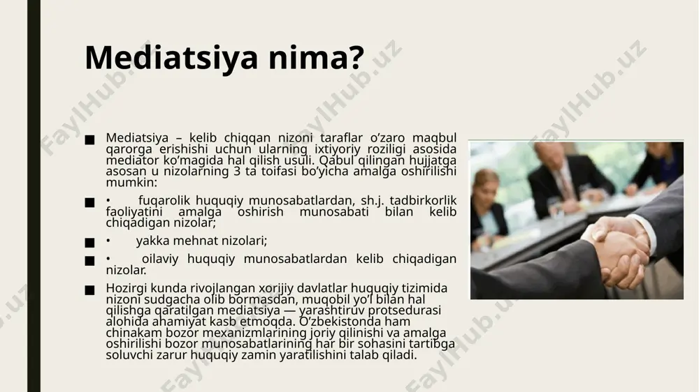n bog‘liq xarajatlarda taraflarning ishtirok etish shartlari haqidagi, mediatsiya tartib-taomilini amalga oshirish muddatlari to‘g‘risidagi ma’lumotlar bo‘lishi mumkin. mediativ kelishuv mediatsiya natijalari bo‘yicha taraflar o‘zaro bir qarorga kelgan taqdirda taraflar o‘rtasida yozma shaklda tuziladi. davlat organi tomonidan shaxsning manfaatlarini ko‘zlab da’vo taqdim etilgan bo‘lsa, o‘sha shaxs mazkur davlat organining ishtirokisiz mediativ kelishuv tuzishga haqli. mediativ kelishuv taraflar uchun majburiy bo‘lib, belgilangan tartibda hamda muddatlarda bajarilishi kerak. mediativ kelishuv bajarilmaslik oqibatlari mediativ kelishuv bajarilmagan taqdirda taraflar sudga murojaat etishga haqli. mediativ kelishuv bajarilmasligining oqibatlari kelishuvning o‘zida belgilab qo‘yilishi mumkin. mediatorga haq to‘lash professional mediator o‘z faoliyatini haq evaziga yoki tekin amalga oshirishi mumkin. noprofessional mediatorning faoliyati tekin amalga oshiriladi. noprofessional mediatorga uning mediatsiyani amalga oshirish bilan bog‘liq qilgan xarajatlarini, shu jumladan nizoni ko‘rib chiqish joyiga borib kelish uchun yo‘l haqi, yashash va ovqatlanish xarajatlarini o‘rni qoplanishi mumkin. haq to‘lash va xarajatlar o‘rnini qoplash taraflar tomonidan, agar boshqacha qoida bo‘lmasa, teng ulushlarda amalga …
