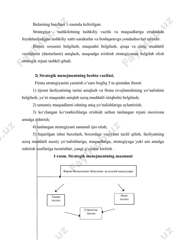 , past xarajatlarga erishishga, firmaning obro‘sini oshirishga qaratilgan bo‘ladi. v) maqsadlar - bu natijalardir, strategiya esa ularga erishish yo‘llaridir. strategiyani aniqlash uchun korxonaning ichki xolati va tashqi omillar o‘rganilishi lozim. kompaniyaning strategiyasi odatda quyidagilardan iborat bo‘ladi: 1) chuqur o‘ylangan, maqsadga qaratilgan xarakatlar; 2) voqealarning kutilmagan rivoji va kuchaygan raqobat kurashiga javob berish; strategiya - bu faqatgina menejerlar avvalroq o‘ylab chiqqan xarakatlar emas , balki kutilmagan vaziyatlarda kiritilshi lozim bo‘lgan tuzatishlardir. strategiyani ishlab chiqish uchun tadbirkorlik iste’dodi va fikrlashning strategik tarzi bo‘lishi kerak. strategiyani ishlab chiqish maxorati menejerning tadbirkorlik iste’dodiga bogliq. menejerning tadbirkorlik maxoratini belgilash mezoni uning yangi strategik imkoniyatlarni ko‘ra bilishi va yangiliklarga o‘chliligidir. tadbirkorlik iste’dodiga ega bo‘lgan menejerlar odatda birinchi qaldirgochlar bo‘ladilar. ular yangiliklarni tez o‘zlashtirib oladilar, tavakkalchi bo‘ladilar va keskin yangi strategiyalar yaratadilar. kompaniya strategiyasiga tuzatishlar kiritish me’yordagi oddiy xolat xisoblanadi. ba’zan strategiyaga o‘zgartirish kiritish zarur bo‘lib qoladi. kamdan‑kam xollardagina kompaniya strategiyasi vaqt sinovidan o‘ta oladi. strategiyani qanday …