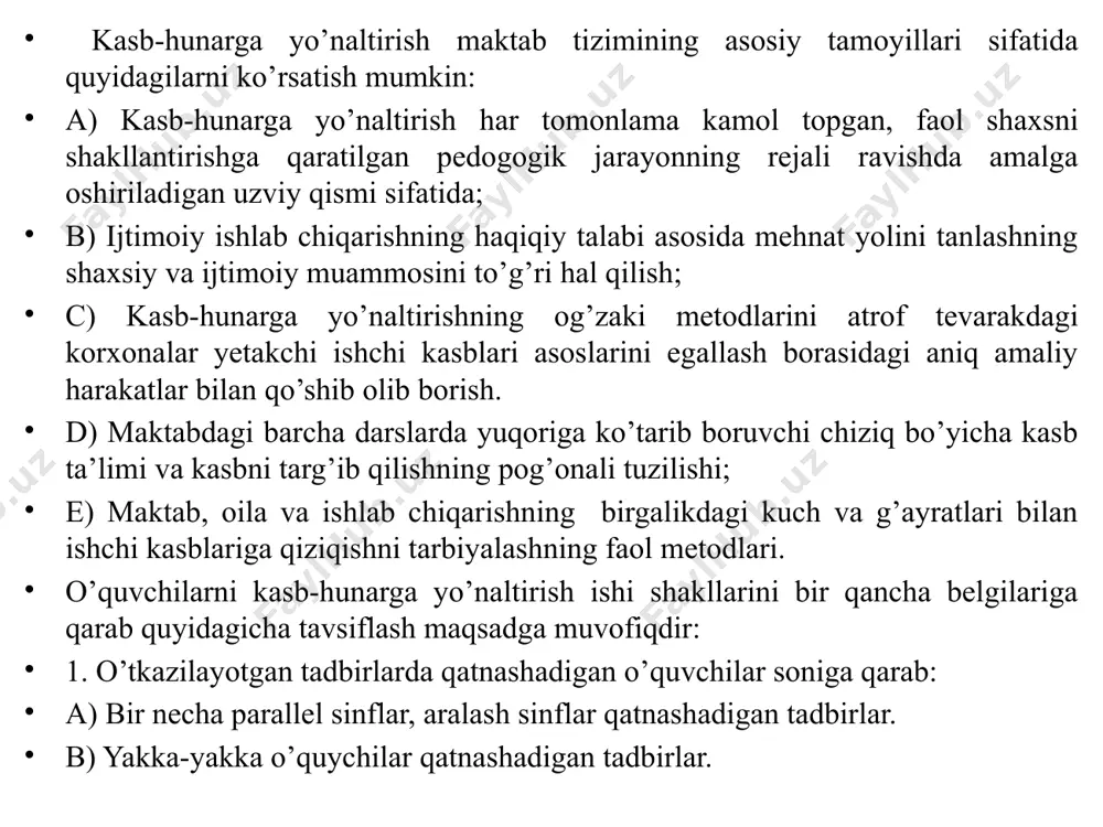 ash sinflar qatnashadigan tadbirlar. b) yakka-yakka o’quychilar qatnashadigan tadbirlar. 2.tashkil etish usullariga qarab: a). yalpi tadbirlar – ma’ruzalar, yig’ilishlar, konferensiyalar, olimpiadalar, vediofilmlarni ko’rish, tematik kechalar, ishlab chiqarish ilg’orlari bilan o’tkaziladigan uchrashuv kechalari; kasb bo’yicha kalendar kunlari. b) guruhiy tadbirlar- ekskursiyalar, maslahatlar, kasblar bo’yicha tanlovlar,yosh texniklarning musobaqalari,korxonalar va yetakchi kasblar bilan tanishish maqsadida jonajon o’lka bo’ylab sayyohlik yurishlari. c)yakka-yakka o’tkaziladigan tadbirlar – kasb haqida maslahat beriladigan suhbatlar, kasblar to’g’risida tavsiya etilgan kitoblarni o’qish, uchrashuvlar, konstruktotrlik, tajriba ishi yuzasidan yakka tatibda beriladigan topshiriqlar; o’quvchini qiziqtiradigan fan va texnika sohasini chuqurlashtirish va rivojlantirish maqsadida qo’shimcha adabiyotlar bilan ishlash. 3. mazmun manbalariga qarab: kasblar bilan tanishtirish; sayohatlar, malakali ishchilar va mutaxassislar bilan uchrashuvlar, o’qituvchining hikoyasi yoki suhbati, kinolardan parchalar, fotosuratlar, gazeta va jurnallardan olingan maxsus materiallarni namoyish qilish uchun proeksion apparatlardan foydalanish; taklif qilingan ishlab chiqarish ishchisining suhbati; kasblar haqidagi ma’lumotnomalar bilan tanishish; mehnat va ishlab chiqarish ta’limi bilan bog’liq kasblar to’g’risidagi ocherklarni o’qish; …
