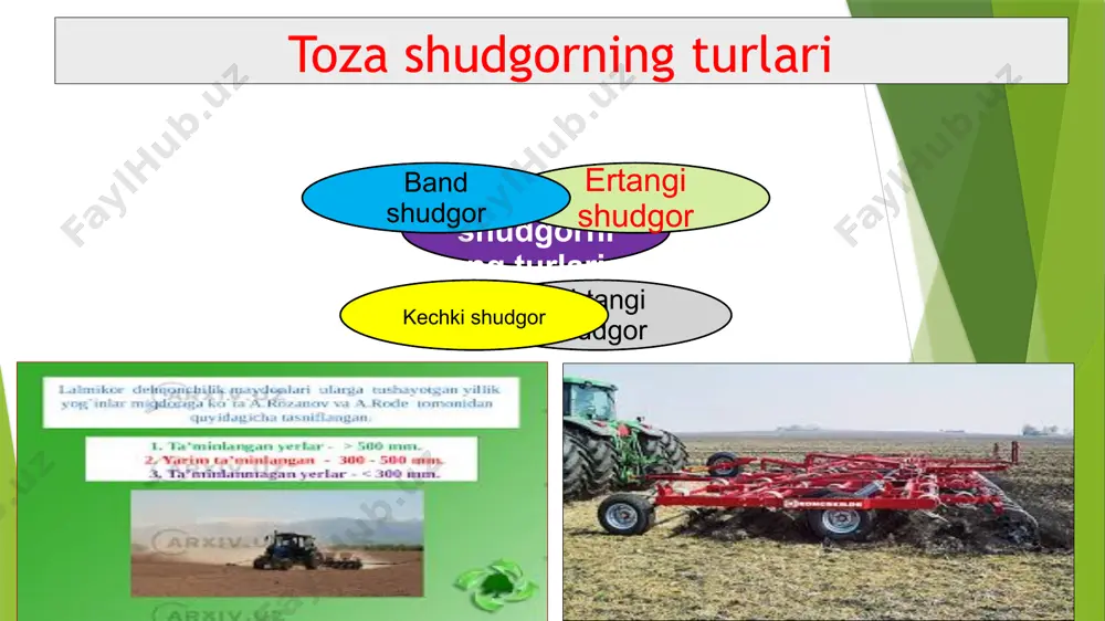 rdan (freza kabilardan) foydalanish. 3) bahorgi va ekin ekish oldidan alohida-alohida amalga oshiriladigan ishlarni bir vaqtda bajarish; 4)dalada traktor bir yurib o‘tishida zarur ishlarni bajaradigan kombinatsiyalashtirilgan agregatlardan foydalanish; xulosa: shudgorlashdan asosiy maqsad, erda imkoni boricha ko‘proq nam to‘plash va uni saqlash, begona o‘tlarni, kasallik va zararkunandalarni imkoniyat darajada kamaytirish yoki butunlay yo‘qotishdan iborat bo‘lib, buning uchun band qilinmagan yoki band qilingan shudgorlash turlaridan foydalaniladi. nazorat uchun savollar: 1.toza shudgor deb nimaga aytiladi? 2. qora shudgor nimaga va qanday amalga oshiriladi? 3. band shudgor deb nimaga aytiladi? 4. band qilinmagan shudgorni qanday ahamiyati bor? foydalanilgan adabiyotlar: asosiy 1. аzimboyev s.а. dehqonchilik, tuproqshunoslik va agrokimyo asoslari (darslik).т.: iqtisodiyot-moliya 2006.-180 b. 2. ermatov а.к.. «sug’oriladigan dehqonchilik» «o’qituvchi» т.: 1983 3. mo’minov к., аzimboyev s., sanaqulov а., berdiboyev е., кеnjayev yu., dehqonchilik ilmiy izlanish asoslari bilan. o’quv qo’llanma.- т.:”turon-iqbol”, 2014.-240 b. e’tiboringiz uchun raxmat!!! image1.jpeg image2.jpeg image3.jpeg image4.jpeg image5.jpeg image6.png image7.jpeg image8.jpeg image9.png image10.jpeg …