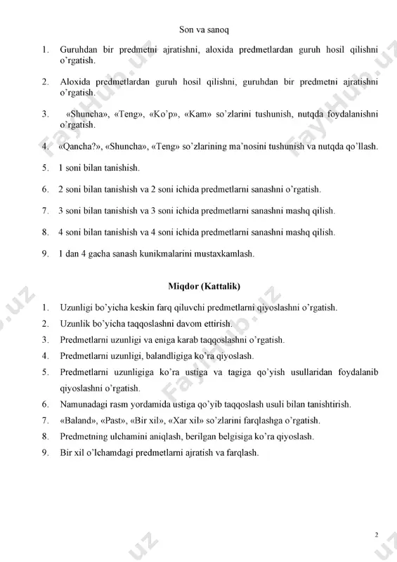 tgan nima ekan? (tarbiyachi ona mushukning ustini ochib ko’rsatadi). bu ona mushukku. ona mushuk nechta ekan? ona mushuk nimalarni chakiryapti? (tarbiyachi mushukchalarning xam ustini ochadi va bolalarning diqqatini mushukchalarning kup ekanligiga karatadi. «kup» so’zini aloxida intonatsiya bilan talaffuz etadi. bitta mushukchani qo’liga olib suraydi: «menda nechta mushukcha bor? to’g’ri. menda bitta mushukcha bor. ona mushukda qancha mushukchalar bor? xa, ona mushukda mushukchalar kup»,-deb tarbiyachi bolalarning javoblarini ma’qo’llaydi. keyin bolalarni navbat bilan chakiradi va bittadan mushukcha olishni taklif kiladi. xar bir bola bittadan mushukcha oladi, ona mushukning bolalari tobora kamayib boraveradi, oxiri bitta xam kolmaydi. «bittadan» va «bitta xam» so’zlari urgu berib aytiladi. bolalar «bittadan» mushukcha olganlaridan keyin ona mushukda «bitta xam» mushukcha kolmaganini ko’radilar. tarbiyachining taklifi bilan bolalar mushukchalarni yaxshilab kurib chikadilar. tarbiyachi savol beradi: «mushukchalar qanday rangda? kani aytingchi, sizlarda nechtadan mushuk bor?» savollarga 2-3 bola javob beradi. tarbiyachi ularning javoblarini umumlashtiradi: «jamolda bitta mushukcha, ulugbekda bitta mushukcha, lolada …
