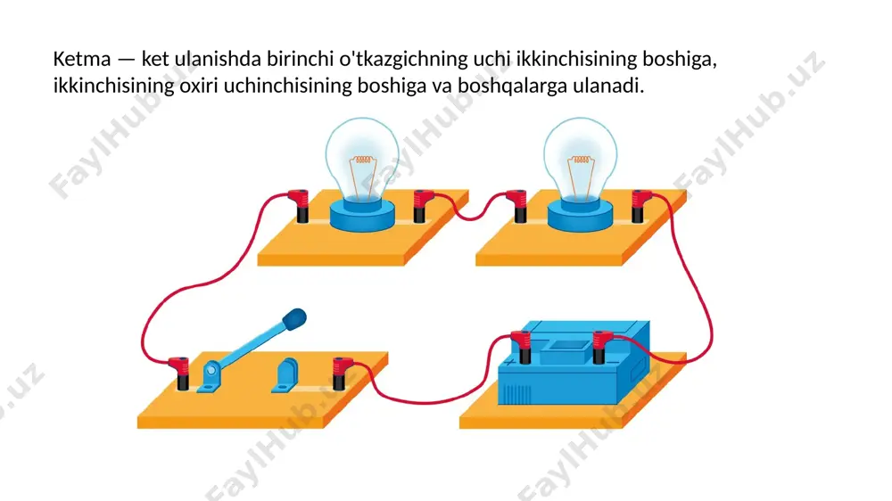 nganda lampalar va reostatlarqo'shiladi: r = r1 + r2. zanjirning umumiy qarshiligini va chiroqning qarshiligini bilib, biz reostatning kerakli qarshiligini aniqlaymiz: r2 = r − r1 = 22 − 11 = 11 ohm. javob: reostatning qarshiligi 11 ohm. afsuski, ketma-ket ulanish har doim ham qulay emas. masalan, auchan savdo markazida soat 9:00 dan 23:00 gacha, kinoteatr 10:00 dan 02:30 gacha, do'konlar esa 10:00 dan 22:00 gacha ishlaydi. zanjir ketma-ket ulanganda, yorug'lik butun savdo markazida soat 9:00 dan 02:30 gacha yonishi kerak. ushbu ish rejimi, hatto minimal elektr tarifiga ega bo'lsa ham, iqtisodiy jihatdan foydali emasligiga rozi bo'ling. bunday holda, parallel ulanishdan foydalanish yaxshi echim bo'ladi. parallel ulanishda barcha o'tkazgichlarning boshlari elektr zanjirining bitta umumiy nuqtasida, ularning uchlari esa boshqa nuqtada ulanadi. parallel ulanish elektr jihozlarini bir-biridan mustaqil ravishda ulash zarur bo'lgan hollarda qo'llaniladi. misol uchun, agar siz choynakni o'chirib qo'ysangiz, muzlatgich ishlashda davom etadi. va qandilda bitta lampochka yonib ketganda, …