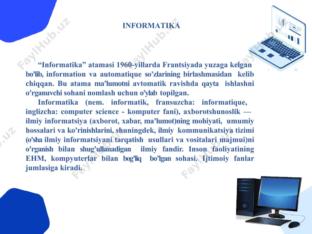 qarab axborot tizimlarini quyidagi sinflarga ajratish mumkin: ilmiy tadkikotlarni avtomatlashtirish va boshqarish loyixalash-tirishni avtomatlash-tirish tashkiliy jarayonlarni boshqarish texnologik jarayonlarni boshqarish bundada axborot tizimlari ilmiy xodimlar faoliyatini avtomatlashtirish, statistik axborotni taxlil etish, tajribalarni boshqarish uchun muljallangan. loyixalashtirishni avtomatlashtirishda axborot tizimlari yangi texnika (texnologiya) ishlab chiqaruvchilar va muxandis loyixachilar mexnatini avtomatlashtirish uchun muljallangan tashkiliy boshqaruvda axborot tizimlari - shaxslar funktsiyalarini avtomatlashtirish uchun muljallangan. texnologik jarayonlarni boshqarishda axborot tizimi turli texnologik jarayonlarni avtomatlashtirish uchun muljallangan (moslashuvchan ishlab chiqarish jarayonlari, metallurgiya, energetika va hokazolar). shаxsiy kompyuterlаr 1973 yildan boshlab ehm tarixining yangi sahifasi, shaxsiy kompьyuterlar sahifasi boshlandi. shu yilda fransiyadagi truong trong ti firmasi tomonidan birinchi shaxsiy kompьyuter yaratildi. shu bilan birga 1973 yilda dunyoga tanikli xerox firmasi tomonidan alto nomli shaxsiy kompьyuter yaratilgan. ushbu kompьyuterda birinchi boʼlib fayllar va dasturlarni oynalar koʼrinishda ochish amaliyotda qoʼllab koʼrilgan. 1977 yilda apple computer firmasi tomonidan apple-ii nomli shaxsiy kompьyuterlar ommaviy ravishda chiqarila boshlangan. ushbu kompьyuterlar plastmassa …