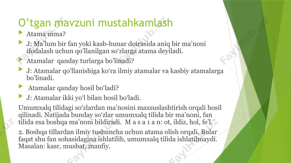 q bo'lib, uning o‘rniga ham tushum kelishigi qo‘shimchasi -ni ishlatiladi: ukamni(ng) daftari. qipchoq lahjasi shevalari qipchoq lahjasi shevalari o‘zbekistonning hamma viloyatlarida mavjud, ular asosan qishloqlarda tarqalgan (samarqand, jizzax, surxondaryo, qoraqalpog‘iston, shimoliy xorazm viloyatlari, turkmanistonning toshovuz viloyati shevalari). belgilari quyidagilar: 1) o‘rnida j ishlatiladi: yo’l –jo’l, yo‘q -jo ‘q. 2)g‘ o’rnida v ishlatiladi: tog‘ - tov, sog’ - sov va b. 3) so‘z oxirida k, q tovushlari tushiriladi: quru(q), sari(q). o‘g‘uz lahjasi xususiyatlari o‘g‘uz lahjasi janubiy xorazmdagi (urganch, xiva, xonqa, hazorasp, qo‘shko‘pir, shovot tumanlari) bir qancha shevalarni o‘z ichiga oladi. belgilari: 1) unlilar qisqa va cho‘ziq aytiladi: at (hayvon), aad (ism). 2) t tovushi d, k esa g tarzida aytiladi: tog‘ – dog keldi - galdi. 3) -ning qo‘shimchasi -ing tarzida, -ga qo‘shimchasi esa -a, -na tarzida aytiladi: yorimga- yorima. alina (qo'liga). diqqat! hozirgi o‘zbek adabiy tili uchun qarluq lahjasiga kiradigan farg‘ona- toshkent shevalari asos qilib olingan. olimlaming fikricha, toshkent shevasi …