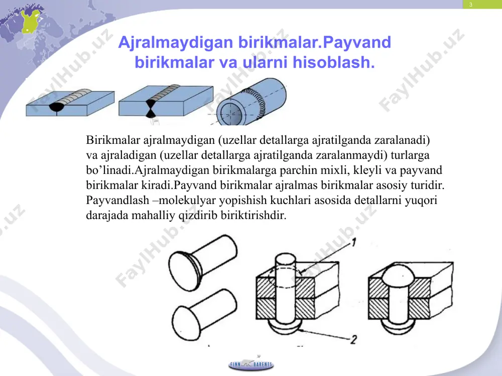 bga olganda: bu yerda: [], [det] -payvand birikmaning va detal materialining kesuvchi joiz kuchlanishi * ajraladigan birikmalar.rez’bali birikmaloar va ularni mustahkamlikka hisoblash. ajraladigan birikmalarda uzellar detallarga ajratilganda ularga shikast yetkazilmaydi. rezg’bali, klemmali, shponkali va shlitsli birikmalar shunday birikmalarga kiradi.ajraladigan birikmalarning eng ko’p tarqalgan turi rezg’bali birikmalar (rb) bo’lib, ular vositasida yig’ilgan uzellarni kerak bo’lganda ayrim detallarga ajratilishi va yana qayta yig’ilishi mumkin. * rb afzalliklari: - nisbatan katta yuklanish tahsirida ishonchli ishlaydi; - ajralish va yig’ish oson; - nisbatan arzon; o’lchamlari standartlashtirilgan. * rb rez’balarni tuzilishiga ko’ra har xil bo’ladi: a) rez’ba kesilgan sirtning shakliga qo’ra: tsilindrsimon va konussimon bo’lib, asosan, birinchisi ishlatiladi. jips birikmalar hosil qilish uchun esa rez’ba konussimon sirtda (masalan, quvurlarda) kesiladi; b) rez’ba o’qi bo’ylab joylashgan kesim shakliga ko’ra: uchburchakli, trapetsiyali, doiraviy va h.k.; c) rez’ba o’ramining yo’nalishiga qo’ra: o’ng va chap rez’balar. o’ng rez’ba ko’proq ishlatiladi; d) rez’ba kirimlari soniga qo’ra: bir kirimli, ikki qirimli …