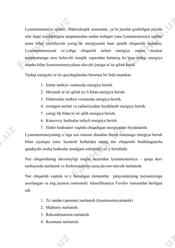 i bug` holda turgan yoki erigan holda bo`lgan murakkab molekulali moddalarga xosdir. (1 xol) 2. majburiy o`tish vaqtida modda tashqaridan energiya qabul qilganidan keyin o`z –o`zicha metactabil, (beqaror) holda o`tadi. metastabil holatda turgan bunday sistemaga qo`shimcha turgan energiya berilsa (bu energiya lyaminoforning ichki energiyasining hisobiga yoki yorug`likning infraqizil sohasidagi tashqaridan berish xisobiga) u norlanish pog`onasiga o`tadi va lyuminestensiya spekterini chiqaradi. (2 hol) 3. rezonans o`tish (lyuminestensiyalanish). metal atomlarining bug`larida va oddiy molekulali (ba’zan molekula murakkab bo`lishi ham mumkin) moddalarda kuzatiladi. nurlanishni spontak harakterga ega bo`ladi va energiya qabul qilib qo`tarilgan sohadan qaytish hisobiga ro`y beradi. (3 xol). 4. rekombinatsion nurlanishi kuzatiladi holga energiyani qabul qilish natijasida hosil bo`lgan murakkabligi qayta qo`shilishi (tiklanish, rekombinatsiyalanish) neytron chiqadigan nurga rekombinatsion nurlanish deyiladi. murakkab molekula energiyasi bog`lar va energetik pog`onalar o`rtasida uzluksiz ravishda qayta taqsimlana – turadigan statistic sistemadir. tebranma pog`onalarning o`zaro kuchli ta’sirlashuvi natijasida energetik pog`onalarning surkalganday bo`lishi (har hil tomonga siljishi) va …