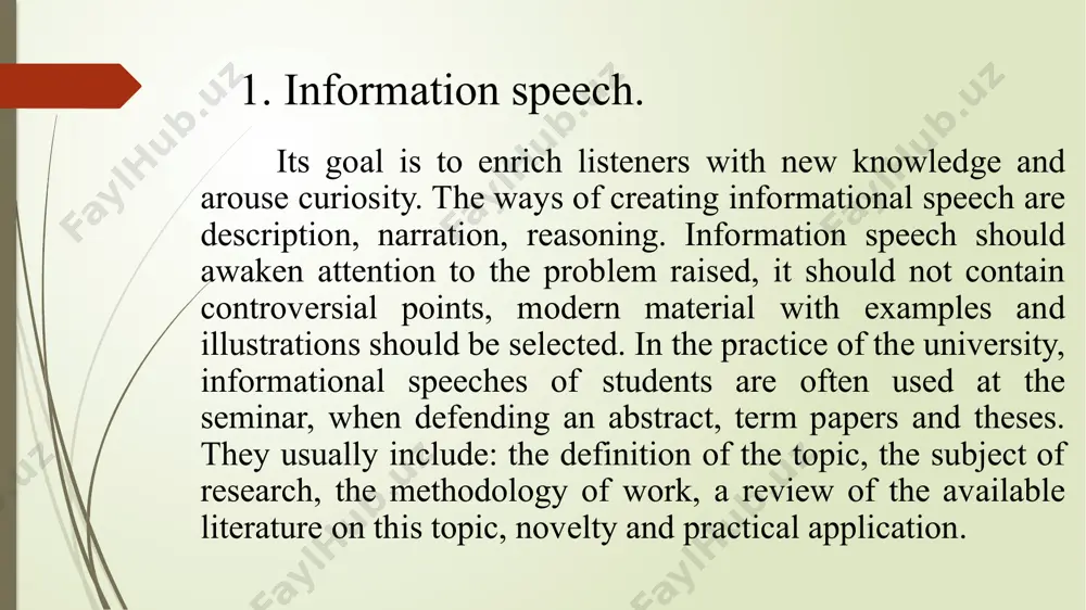 ech, campaign speech) 2. academic eloquence (lectures, scientific report, scientific communication) 3. judicial eloquence (accusatory speech, defensive speech, speech of the accused in his defense) 4. socially everyday eloquence (eulogy, drinking speech, memorial speech) 5. theological and church eloquence (sermon, speech at the cathedral). public speaking technique 1. determining the purpose of the speech. determine your goals before the start of the speech, they can: inform listeners about something new; convince trainees preparing trainees to recognize the way to solve a problem; motivation to act to cause a desire to change something. often a speech combines all three goals, but one of them is usually the main one. in order to achieve the goals of the speech, knowledge of the audience is necessary. speech that resonates with the ideas and desires of the listeners achieves the desired result. 2. collect information about your audience. the collection of information is carried …