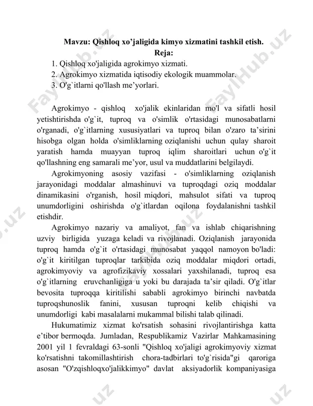 yoviy vositalarni qo'llash, zararli vositalar va begona o'tlarni yo'q qilish hamda ekinlarga mineral o'g`itlarni berish orqali yuqori hosildorlikka erishiladi. lekin bular shu bilan birga atrof-muhitni ifloslanishi, suv holati va tuproq tarkibini zararlanishi, inson va tirik organizmlar uchun xavfli bo'lgan kasalliklarni paydo bo'lishiga olib kelishi mumkin. shuningdek kimyoviy vositalarni qo'llashda o'simliklar himoyasi xavfsizligi talablariga ko'pincha rioya qilmaslik, pestitsidlarni me’yordan ortiq ishlatish ekologik holatni yomonlashishiga olib kelmoqda. shuning uchun kimyoviy vositalar va mineral o'g`itlarni me’yorda ishlatish choralarini ko'rish lozim. shuni aytish lozimki zaharli preparatlardan voz kechish, ular o'rniga tabiiy moddalar va biologik preparatlardan keng foydalanish kerak. mamlakatimizda organomineral o'g`it (kompost)dan foydalanishga katta o'rin berilmoqda. jumladan, qizilqum fosforit unini turli sanoat chiqindilari va mahalliy qoramol go'ngi, parranda chiqindilariga aralashtirib kompost tayyorlash yo'lga qo'yilgan. bunday kompost tayyorlash bo'yicha o'zbekiston respublikasi vazirlar mahkamasi 2001 yil 16 maydagi 219 sonli "qizilqum fosforit konlarini kompleks o'zlashtirish to'g`risida"gi qarorida qishloq va suv xo'jaligiga aloqador idoralar va tashkilotlar bilan …