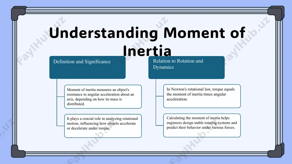 bject, carefully record the resulting deflections, and use these measurements to calculate the moment of inertia. refer to the device's manual for specific calculation procedures and calibration verification. ensure safety by wearing protective gear, avoiding abrupt movements, and checking all connections before starting. document each step meticulously to maintain measurement accuracy and facilitate troubleshooting if needed. interpreting measurement results assess measurement accuracy by analyzing repeatability and how results align with theoretical expectations of inertia moment. use statistical methods for evaluation. identify common errors like misalignment, incorrect assumptions, or environmental influences. mitigate them through calibration, proper procedures, and considering environmental conditions. case studies, such as aerospace component testing, show that proper interpretation of measurement data ensures reliable results and informed design decisions. practical applications of inertia measurement inertia measurement is crucial in engineering fields like aerospace, automotive, and robotics, helping optimize stability, control, and energy efficiency. for example, accurate vehicle inertia …