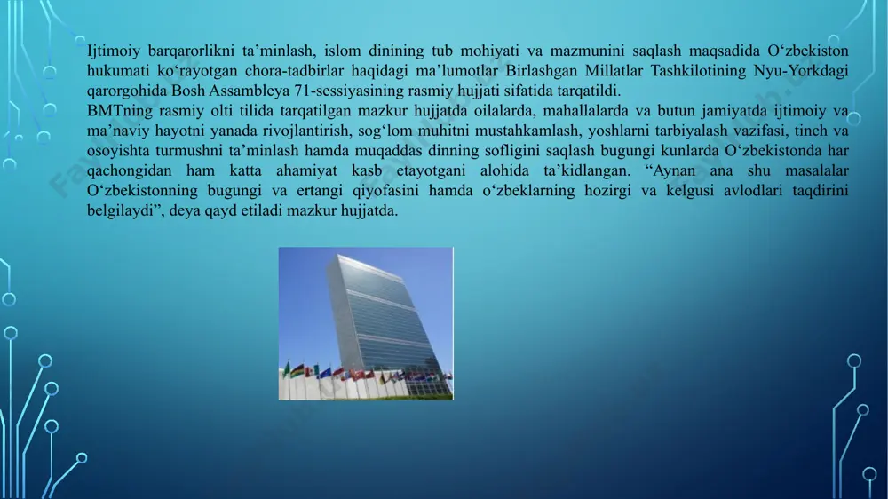 yoq bu tizimlar mamlakat fuqarolari ehtiyoji va talablarining qondirilishida muhim o‘rin tutadigan institutga aylanmoqda. aholi bilan muloqotning qo‘llab-quvvatlanishi va odamlar manfaatlarining himoyasi davlat siyosatining ustuvor yo‘nalishlari qatoridan joy oldi. bu ishlarning hammasi va barcha islohotlar, deya xabar beriladi hujjatda, o‘zbekistonda tinchlik va osoyishtalikni ta’minlashga, aholi farovonligini oshirish hamda sog‘lom va har tomonlama rivojlangan barkamol avlodni tarbiyalashga yo‘naltirilgan. shu bilan birga, unda o‘zbekiston ko‘p etnik va dinlar vakillari istiqomat qiladigan davlat hisoblanishi ham ta’kidlangan. bugungi kunda mamlakatda 130 dan ziyod millat va elatlar vakillari yashashmoqda: ularning barchasi bir-biri bilan o‘zaro uyg‘unlik va hamjihatlikda, bir oiladek hayot kechirishmoqda. bunda o‘zbekiston xalqi qadim-qadim zamonlardan buyon asrab kelayotgan bag‘rikenglik va ochiqko‘ngillik an’analari muhim o‘rin tutayotganiga shubha yo‘q. 15-iyun kuni toshkent shahrida “ijtimoiy barqarorlikni ta’minlash, muqaddas dinimizning sofligini asrash — davr talabi” mavzusida anjuman bo‘lib o‘tdi. tadbirda o‘zbekiston musulmonlari idorasi rahbarlari, din arboblari, “nuroniy” va “mahalla” jamg‘armalari, xotin-qizlar qo‘mitasi, “kamolot” yoshlar ijtimoiy harakati faollari, hokimliklar, …