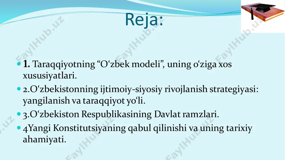 idagi muhim jihatlarni o’z ichiga qamrab oldi:  o‘zbekistonning ijtimoiy-siyosiy rivojlanish strategiyasi: yangilanish va taraqqiyot yo‘li. ijtimoiy-siyosiy sohada: ma’muriy-buyruqbozlik, avtoritar tuzum mexanizmi va tuzilmalaridan qutilish hamda davlat qurilishining demokratik, huquqiy tamoyil va me’yorlariga o’tish, fuqarolik jamiyatiga o’tishning poydevorini ko’rish.  ijtimoiy- iqtisodiy sohada: insonning ishlab chiqarish vositalaridan  begonalashuvidan, rejali-taqsimotchilik tizimidan kechish va ko’p ukladli iqtisodiyotga hamda bozor munosabatlariga o’tish.  ma’naviyat sohasida: aqidabozlik va o’ta siyosatlashtirilgan mafkura  hukmronligidan qutulish, milliy ma’naviyatni shakllantirish.  halqaro munosabatlar sohasida: butun dunyo taraqqiyotidan ajralib qolishdan, o’zni chetga olishdan va unga qarshi turishdan voz kechish, jahon hamjamiyatiga kirib borish va teng huquqli hamkorlikka yo’l ochish.  islohotlarning mazkur asosiy yo’nalishlari orqali respublikamizda amalga oshirilayotgan o’zgarishlarning murakkabligi va ulkan miqyoslarini tasavvur qilish mumkin. o’zbekiston o’z taraqqiyot yo’lini o’z xalqi tarixi va uning ongi- ruhiyatidan, aniq sharoitlaridan kelib chiqib tanladi.  mazkur asos zaminida bilan taraqqiyotning “o’zbek modeli”ni amalga oshirishning yetakchi shartlaridan biri sifatida ma’naviy …
