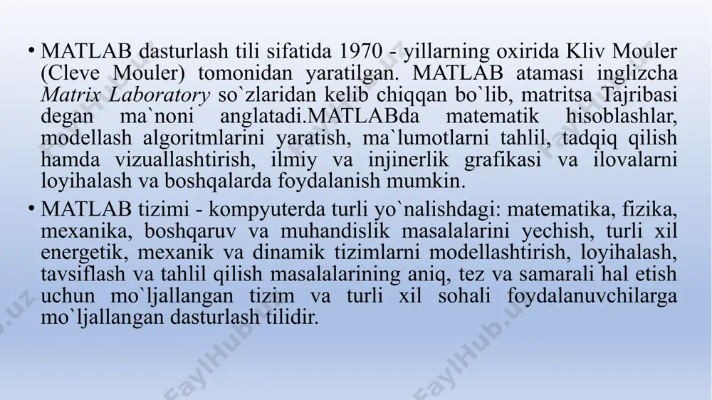 qiymat sin(x) sinus sign(x) signum funksiyasi tan(x) tangens max(x) maksimal qiymat acos(x) arkkosinus min(x) minimal qiymat asin(x) arksinus ceil(x) cheksiz qiymat (+∞) atan(x) arktangens floor(x) cheksiz qiymat (−∞) exp(x) exponenta round(x) butun qiymatga yaxlitlash sqrt(x) kvadrat ildiz ostida rem(x) bo`linmaning qoldiq qiymati log(x) natural logorifm angle(x) fazoviy burchak log10(x) o`nlik logorifm trigonometrik funksiyalar[a-6, 12 bet]3 2-jadval. /docprops/thumbnail.jpeg