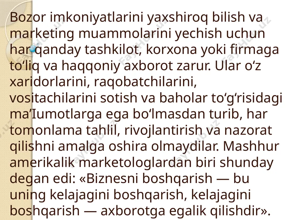 ing sohasining axborot tizimi sifatida shakllanishi marketing faoliyatini tashkil etish va marketing axborotiga bo‘lgan ommaviy zaruriyat kuyidagi o‘zgarishlarga bevosita bog’liq. birinchidan, zamonaviy tadbirkorlikning dastlabki rivojlanishida asosiy e`tibor xaridor ehtiyojini qondirishga karatilgan bulsa, xozirgi paytda asosiy e`tibor xaridorlar istaklarini qondirishga karatilgan. ehtiyoj – inson tomonidan xis etilgan moddiy va ma`naviy ne`matlarga nisbatan etishmovchilik demakdir. ehtiyoj umulashgan tarzda ushbu ne`matlarga egalik qilishni nazarda tutsa, xaridorlik istagi – alohida insonnig moddiy va ma`naviy etuklik darajasiga kura, muayyan tovarga bevosita egalik qilish va uni o‘zlashtirish borasida zaruratidir. ikkinchidan, maxalliy mikyosdagi marketingdan, umumdavlat va undan xalqaro marketing faoliyati sari utilishi okibatida, firmalar o‘z imkoniyatlarini samarali jixatlarini internatsionalizatsiya jarayonida kurmokdalar. mahalliy bozor talablarini qondirish uchun kurashda geografik cheklanishlarning yo‘kolishi, yangi tovarlar va xizmatlar bilan yangi bozorlarni uzlashtirish samarali ekanligini ushbu xususiyatning asosiy moxiyatini belgilaydi. ushbu nuqtai nazardan, marketing axborotiga bo‘lgan zarurat tobora ortib bormokda. marketing jarayonini samarali tashkil etishda marketing tadqiqoti muhim ahamiyat kasb etmokda. amalga …