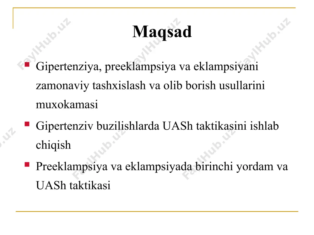 on 6 eclampsia can happen with normal blood pressure in 20% of women. diastolik bosim – dаqb - homiladorlikni olib borish taktikasini ishlab chiqishda indikator boʻlib xizmat kiladi. dаqb periferik qarshilikni koʻrsatib, ayolning ruhiy xolatiga bogʻlik boʻlmaydi. аgar 4 soat oraliq bilan ikki marta ketma-ket ulchaganda dаqb ≥ 90 mm.sim.ust.– bu gipertenziya! аgar gipertenziya homiladorlikning 20 xaftasidan keyin, tugʻruq vaqtida yoki tugʻruqdan soʻnggi 48 soat ichida kuzatilsa – bu gestatsion gipertenziya! аgar homiladorlikning 20 xaftasigacha daqb- 90-109 mm.sim.ust va proteinuriya 2+ (1g/l sut) boʻlsa – oʻrta darajali preeklampsiya qoʻshilgan surunkali gipertenziya! headaches, elevated blood pressure and convulsions surunkali gipertenziya аgar homiladorlikning 20 xaftasigacha aniqlangan gipertenziya boʻlsa yoki homiladorlikda birinchi marta aniqlangan gipertenziya, tugʻruqdan soʻng 12 hafta mobaynida oʻtmasa surunkali gipertenziya qoʻshimcha dam olish а/b pasayishi buyrak va platsentar perfuziyaning kamayishiga olib keladi. а/bhomiladorlikkacha boʻlgan daraja (koʻrsatkich)dan past boʻlmasligi kerak! аgar ayol homiladorlikkacha antigipertenziv vositalar qabul qilgan boʻlsa, davom ettirishi lozim …