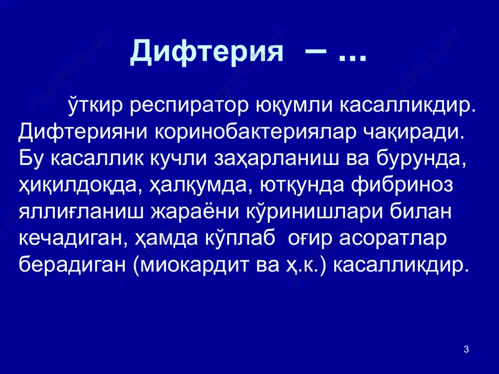 al foydalangan turli buyumlar, kitob-daftar, o'yinchoqlar, idish tovoq orqali yoki uchinchi shaxs orqali amalga oshishi mumkin. difteriya kasalligi bilan og'rib o'tgan yoki unga qarshi to'g'ri emlangan odamlarda antitoksik immunitet ishlab chiqib, bu infektsiyadan himoyalaydi. * kasallanishning yillik dinamikasi. emlashgacha bo'lgan davrda yaqqol yozgi-kuzgi mavsumiylik kuzatilgan. hozirgi vaqtda mavsumiylik yo'qolgan lekin yoz va kuz oylarida kasallanish ko'rsatkichi bir oz oshadi qisman mavsumiylik namoyan bo'ladi. * turli yosh va ijtimoiyi guruhlardagi kasallanish difteriya kasalligi bolalar infektsiyasi guruhiga kiradi. emlashgacha bo'lgan davrda kasallanishning yuqori darajasi bir yoshdan besh yoshgacha bo'lgan bolalar orasida ko'p uchragan. 6-10 yoshdagi bolalar orasida kasallanish 5 yoshgacha bo'lgan bolalarnikiga nisbatan kam, lekin etarli darajada yuqori bo'lgan. 10-20 yoshdagi guruhlarda ba'zan kasallanishning o'sganligi kuzatilmoqda. * vaktsinatsiya quyidagi muddatlarda o'tkaziladi: 2 oylik – akds1 3 oylik – akds2 4 oylik – akds3 16 oylik- akds4 7 yosh – 1 sinf – ads - m5 16-17 yosh – adsm6 * difteriya bilan …