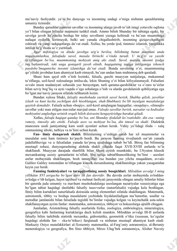 alar, tajriba va oddiy bilimlar to’planishiga qarab, nafaqat ularni avloddan avlodga o’tkazish muammosi yuzaga kelgan, balki ibtidoiy odamlarning dunyoqarashi ham murakkablashib borgan. bu dunyoqarash rivojlanishining muayyan bosqichida, to’plangan bilimlarning «yuqori bosqichiga» yetilgach, boshqa har qanday murakkab tizimda bo’lganidek, dunyoqarashda ham o’zini o’zi tashkil etish qonunlari amal qila boshlagan. masalan, bu hodisaning mohiyatini yaxshiroq tushunish uchun shaxsiy kutubxonada kitoblar yig’ilishi bilan bog’liq misolga murojaat etish o’rinli bo’ladi. mazkur kutubxonada kitoblar bir nechta bo’lsa, ularni tizimga solish talab etilmaydi, ular qaerda yotgani va ularning o’zaro munosabati qandayligi ham ahamiyat kasb etmaydi. kutubxona hajmi o’nlab kitoblar bilan o’lchangan taqdirda esa, ulardan foydalanishga qulaylik yaratish uchun kitoblarni muayyan tarzda joylashtirish, tizimga solish talab etiladi. kitoblar soni qancha ko’p bo’lsa, ular bilan ishlash shuncha oson va qulay bo’lishi uchun ularni tasniflash, tartibga solish, ruknlarga ajratish tizimi shuncha murakkab bo’ladi. ibtidoiy odamlarning ancha rivojlangan dunyoqarashida o’zini o’zi tashkil etish qonunlariga muvofiq ayni shunday tartiblilik dastavval mif …