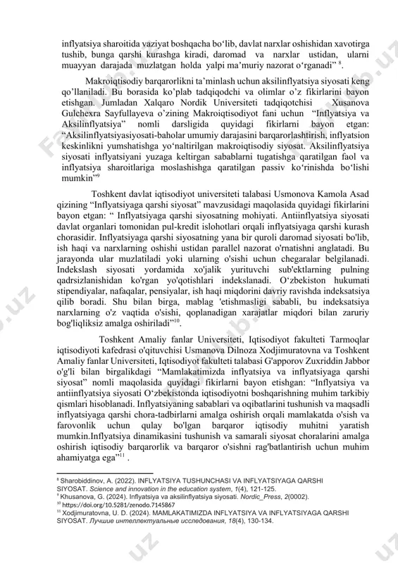 tli siyosat quyidagilarni o`z ichiga oladi: soliq tizimini takomillashtirish hamda davlatning xarajatlarini kamaytirish hisobiga byudjet taqchilligini qisqartirish choralarini ko‘rish; pul muomalasi sohasidagi tadbirlar, xususan pul massasi o‘sishining yo‘l qo‘yish mumkin bo‘lgan eng yuqori me‘zonlarini, pul massasi o‘sishining har yilgi qat‘iy limitlarini belgilash; inflyatsiyani avj oldiruvchi tashqi omillarni bartaraf etish, xususan hukumat byudjet taqchilligini moliyalashtirish maqsadida chet eldan qisqa muddatli kreditlar va qarzlar olish yo‘li bilan iqtisodiyotga inflyatsiyaning ta‘sirini kamaytirish, bu kreditlar va qarzlarni konvertatsiyalash hamda shu summaga milliy valyutaning qo‘shimcha massasini chiqarish; inflyatsiyaga qarshi qisqa mmuddatli siyosat inflyatsiya sur‘atlarini vaqtincha pasaytirib turishga qaratilgan bo‘lib, u quyidagilarni qamrab oladi: jami talab oshmagan holda tovarlar va xizmatlarni qo‘shimcha ishlab chiqarishni rag‘batlantirish hisobiga, iste‘mol tovarlarini ko‘plab miqdorda import qilish, kkorxonalarning kata miqdordagi aksiyalarini sotish hisobiga jami taklifni kengaytirish; sug‘urtalash va jamg‘arishni rag‘batlantirish”[footnoteref:5]. [5: xursandov, k., & nodirabegim, o. r. (2024). inflatsiyaning mamlakat iqtisodiy xavfsizligiga ta’siri va uni bartaraf etish chora-tadbirlari. journal of fundamental …