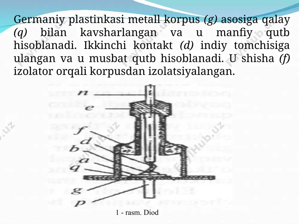 rasm. 4 - rasm. bunda berkituvchi qatlamning qalinligi va uning qarshiligi kamayadi. elektron — teshikli o'tish orqali tok tashuvchilar ko'p o'tadi, binobarin, katta tok o'tadi. bu sistemaga qo'yilgan potensialning ishorasi almashtirilsa (4 - rasm), tashqi elektr maydon elektronli va teshikli yarim o'tkaz­gichning yondosh sohasidagi maydonni kuchaytiradi. tok tashuvchilar tashqi maydon ta'sirida yarim o'tkazgichlarning bo'linish chegarasida harakatlanadi. berkituvchi qatlamning qalinligi ortadi va uning qarshiligi ko'payadi. buning natijasida elektron — teshikli o'tish orqali ancha kam tok o'tadi. quyida yarim o'tkazgichli diodni tavsiflovchi eng muhim parametrlarni (muhit temperaturasi 20 c bo'lgan hol uchun) keltiramiz teskari kuchlanishning eng katta qiymati 400 v; eng katta teskari kuchlanishda teskari tok (o'rtacha qiymati) 0,3 ma; eng katta to'g'rilangan tok (to'g'ri tokning o'rtacha qiymati) 300 ma; eng katta to'g'ri tokda diodda kuchlanishning tushishi 0,5 v. diod deb odatda bir yoki bir necha elektr o‘tishlar va tashqi zanjirga ulanish uchun ikkita chiqishga ega bo‘lgan elektr o‘zgartirgich asbobga aytiladi. yarim …