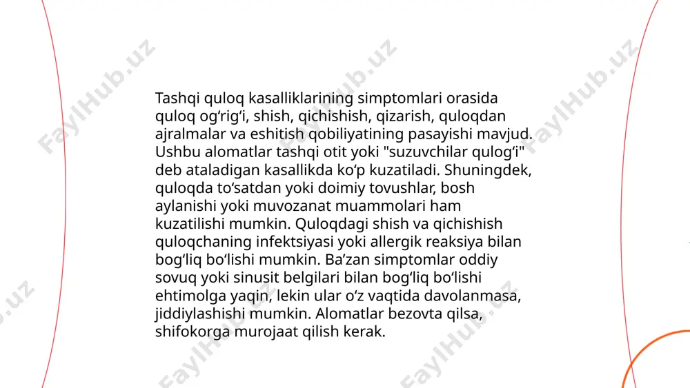 n kechirishi mumkin. ushbu holatning asosiy belgilari og'riq, isitma, quloqdan ajralmalar va eshitish kamayishi hisoblanadi. yillik miqyosda taxminan 709 million yangi otit media holati aniqlanadi, ulardan 51% bolalarda uchraydi. dori vositalari va ba'zan jarrohlik aralashuvi orqali davolash mumkin. ... t.me/slaydai_bot etdiyag' teshilishi va quloq pardasi shikastlanishi quloqning biror jarohati yoki infektsiyasi natijasida yuzaga kelishi mumkin. odatda, u o‘tkir og‘riq bilan kechadi va eshitish qobiliyatini vaqtincha yomonlashtirishi mumkin. statistik ma’lumotlarga ko‘ra, har yili dunyoda 1-3% odamlarda quloq pardasi teshilishi ro‘y beradi. bunday holatda, odatda tibbiy yordam va ba’zan jarrohlik aralashuv talab etiladi. jarohatning tuzalishi odatda 2-3 hafta davomida amalga oshadi, ammo ba’zi hollarda ko‘proq vaqt talab qilishi mumkin. yaxshi sharoitda, 90% hollarda pardaning tabiiy tuzilishi tiklanadi. ... t.me/slaydai_bot 10. o'rta quloqda to'plangan suyuqlik 10. o‘rta quloqda to‘plangan suyuqlikni tibbiy tilida “ekssudativ otit” deb atashadi. ushbu holat bolalarda ko‘p uchraydi, asosan 1 yoshdan 7 yoshgacha bo‘lgan davrda. kasallikning boshlang‘ich belgilaridan biri eshitish …