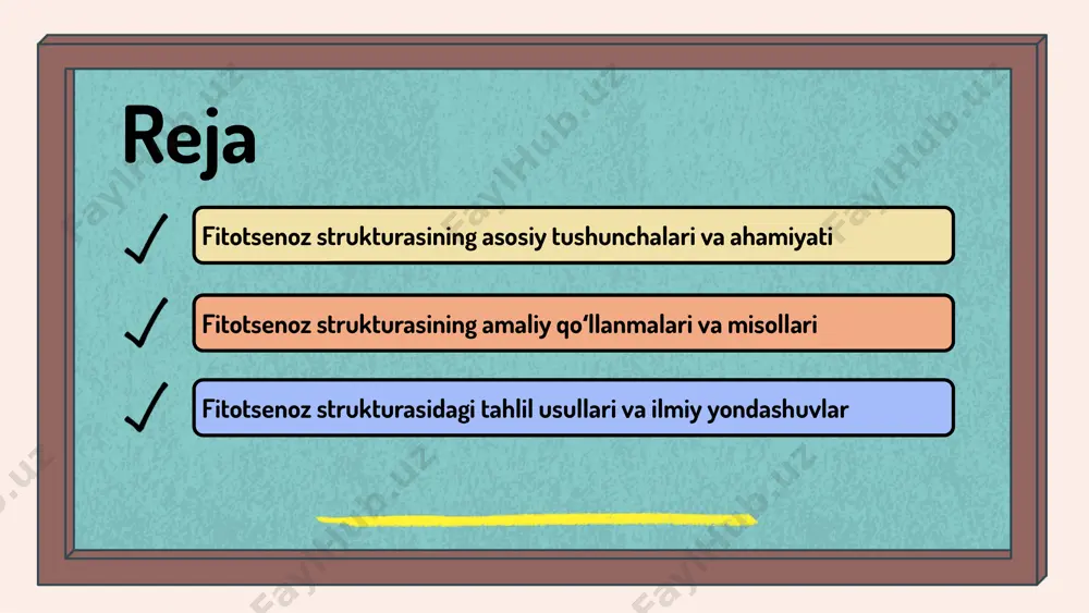 itotsenoz strukturasining misollari o‘rmon fitotsenozlari turli o‘simliklar va hayvonlar bilan boy, u ekologik muvofiqlikni ta'minlashda muhim rol o‘ynaydi. masalan, o‘rmonlar biologik xilma-xillik va barqarorlikni saqlashga yordam beradi. suv fitotsenozlari, masalan, ko‘l va daryolardagi suv o‘simliklari va hayvonlaridan iborat bo‘lib, suv muhitining sifatini saqlash va muhofaza qilishda muhimdir. bu fitotsenozlar biologik muvofiqlikni ta'minlaydi. shahar fitotsenozlari inson faoliyati bilan chambarchas bog‘liq bo‘lib, parklar, bog‘lar va shahar o‘simliklari urban muhitda ekologik barqarorlikni ta'minlaydi. ular shahar ekologiyasining muhim qismidir. misollardan olingan darslar shuni ko‘rsatadiki, har bir fitotsenoz turi ekologik muvofiqlik va barqaror rivojlanish uchun muhimdir. ularni to‘g‘ri boshqarish kelajak uchun muhimdir. fitotsenoz strukturasidagi tahlil usullari fitotsenoz tahlilining asosiy usullari: kvalitativ va kvantitativ yondashuvlar, ekologik va biogeografik metodlar. bu usullar o'simlik jamiyatlarini tahlil qilishda muhim rol o'ynaydi. ushbu usullarning afzalliklari va kamchiliklari mavjud. zamonaviy texnologiyalar, masalan, gis va statistik metodlar, tahlil aniqligini oshiradi va ilmiy izlanishlarda keng qo'llaniladi. 1 2 ilmiy yondashuvlar va metodologiyalar fitotsenoz …
