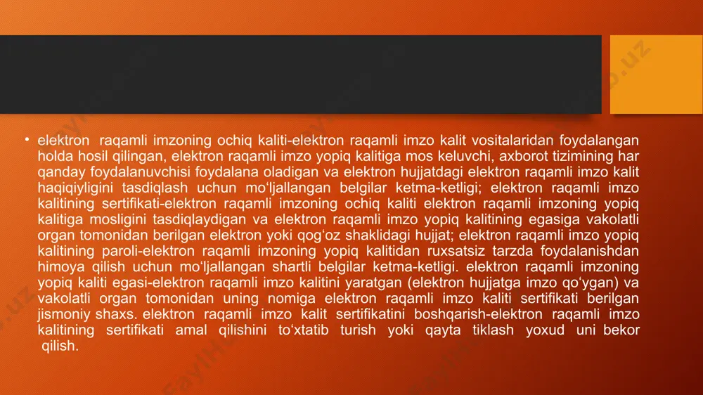 zo nimaga kerak va undan foydalanish muddati qancha? misol uchun, uning yordamida bugun yagona bportal orqali ko‘rsatilayotgan 240 dan ziyod interaktiv xizmatlardan foydalanish mumkin. eri kaliti foydalanuvchisi o‘zining kalitidan 24 oy muddat mobaynida foydalana oladi. uni uzaytirish uchun siz elektron raqamli imzo kalitini olingan ro‘yxatga olish markaziga murojaat qilishingiz zarur. elektron raqamli imzo kimlarga beriladi? eri kalitlarning sertifikatlari yuridik va jismoniy shaxslarning murojaatlari bo‘yicha beriladi. murojatt qilgan shaxs ro‘yxatdan utish va eri kalitining sertifikatini olish uchun soliq xizmatlari organlarida hisobda turishi zarur (soliq to‘lovchining identifikatsiya raqami -stirbo‘lish kerak) elektron raqamli imzoni qayerdan olish mumkin? bugungi kunga kelib, 6 ta rasmiy davlat ro‘yxatidan o‘tgan (amaldagi) elektron raqamli imzo kalitlarini ro‘yxatga olish markazlari faoliyat yuritib kelmoqda: o davlat soliq qo‘mitasi huzuridagi yangi texnologiyalar ilmiy-axborot markazi; o markaziy bank xavfsizlik va axborotni muhofaza qilish departamenti; ariza beruvchi yidxpdda ro’yxatdan yoki avtorizasiyadan o’tadi. tegishli maydonga shaxsiy telefon raqami kiritiladi va arifmetik amal bajariladi. tegishli …