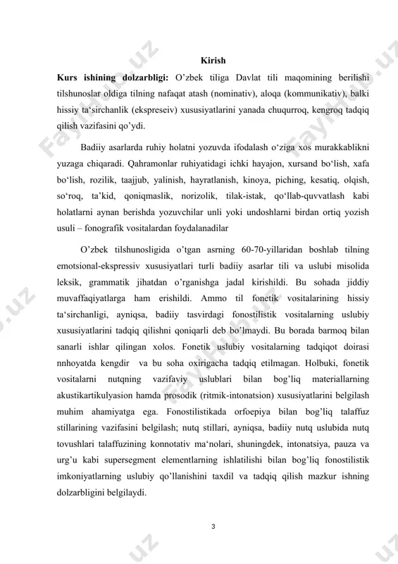 rini tahlil va tadqiq qilish; i bob. fonetik vositalar haqida ma’lumot 1.1. o`zbek tilining fonetik vositalari fikr gap orqali ifoda qilinadi. gap, odatda so`zlardan tashkil topadi. gap tarkibida so`zlar va shu so`zlarning o`zaro bog`lanishini ta’minlovchi grammatik vositalar (qo`shimchalar, yordamchi so`zlar) ma’lum nutq tovushlari orqali shakllanadi. masalan: biz ulug` ayyomni mana shu cho`lda kutib olyapmiz (y. shamsharov). bu gapni tuzishda biz, ulug`, ayyom, mana, shu, cho`l, kutib, olmoq so`zlari, ularning o`zaro bog`lanishini ta’minlovchi –ni (tushim kelishigi qo`shimchasi), -yap (zamon ma’nosini ifodalovchi qo`shimcha), -miz (shaxs-son qo`shimchasi) qo`shimchalari qatnashgan; har bir so`z va qo`shimcha esa nutq tovushlari vositasida (masalan, biz - b, i, z; ulug` - u, l, u, g`; -ni - n, i; -da - d, a kabi) shakllandi. ko`rinadiki, nutq tovushlari so`z va gaplarni tuzishda moddiy baza hisoblanadi, chunki inson tili tovush tilidir. fonetika tilshunoslikning bir bo`limi bo`lib, unda nutq tovushlari, ularning hosil bo`lishi, turlari, o`zgarishi, urg`u, bo`g`in, ohang kabilar o`rganiladi. …