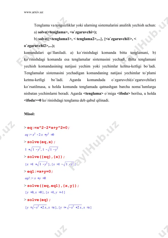 chim realrange() va open() funksiyalari yordamida chiqariladi. misol: > solve((x+2)ғ(3-x)>2,x); > solve(x^2-5*x+6>=0,x); bu yerda open(a) funksiyasi a chegaraviy nuqta oraliqqa tegishli emas degan ma`noni, realrange() esa yopiq haqiqiy sonlar oralig`i degan ma`noni anglatadi.