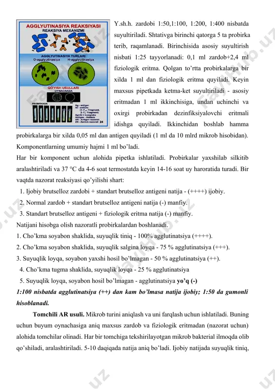 glutinatsiya yo’q (-) 1:100 nisbatda agglutinatsiya (++) dan kam bo’lmasa natija ijobiy; 1:50 da gumonli hisoblanadi. tomchili ar usuli. mikrob turini aniqlash va uni farqlash uchun ishlatiladi. buning uchun buyum oynachasiga aniq maxsus zardob va fiziologik eritmadan (nazorat uchun) alohida tomchilar olinadi. har bir tomchiga tekshirilayotgan mikrob bakterial ilmoqda olib qo’shiladi, aralashtiriladi. 5-10 daqiqada natija aniq bo’ladi. ijobiy natijada suyuqlik tiniq, cho’kma donador bo’ladi. bu usulda ko’proq kolibakterioz, salmonelloz qo’zg’atuvchilari tipizatsiya qilinadi. qon-tomchili ar usuli. ko’pincha pulloroz, brutsellozga tekshirishda qo’llanadi. yog’sizlantirilgan buyum oynasiga bir tomchi qon olib unga bir tomchi kerakli antigen (gemotoksilin bilan bo’yalgan) qo’shiladi va shisha tayyoqcha bilan aralashtiriladi. musbat natijada 30-60 soniyadan keyin agglutinat paydo bo’ladi. sut halqali reaksiya. y.sh.h. brutsellozga tekshirishda ishlatiladi. probirkalarga 2-3 mldan sut olib, 0,2 mldan (2 tomchi) gemotoksilin bilan bo’yalgan antigen qo’shiladi. sut bir xil bo’yalguncha aralashtiriladi va 37 cda 45-60 daqiqa-saqlanadi. sutda antitelo bo’lsa, antigen-antitelo kompleksi hosil bo’lib yog’ tomchilariga adsorblanadi …