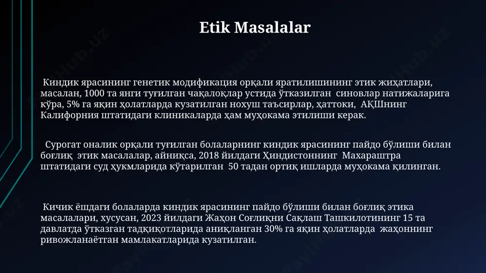 turining yopishqoqlik koeffitsienti 10 dan 25 gacha o'zgaradi. kindik halqasini shakllantirishda 7-12 mm diametrli, silikon yoki polimer materialdan yasalgan maxsus moslamalar qo'llaniladi, bu moslamalar yaponiyadan import qilinadi va ularning yuzasida mikroskopik teshiklar mavjud. to'qima muhandisligi yondashuvi to'qima muhandisligi yondashuvi, 3d bioprinterlardan foydalanib, inson tanasining 70% dan ortiq qismini tashkil etadigan suv miqdorini hisobga olgan holda, 100 mikrondan kam o'lchamdagi to'qimalarni yaratishga imkon beradi. toshkentdagi ilmiy-tadqiqot markazlari, to'qima muhandisligi yondashuvi orqali, 5 yillik tadqiqot natijasida, yurak klapanlari kabi murakkab 3 o'lchamli tuzilmalarni yaratish texnologiyasini ishlab chiqishga erishdi. to'qima muhandisligi yondashuvi, biomateriallar (masalan, kollagen) va hujayralarni birlashtirib, 200 dan ortiq turdagi hujayralarni o'z ichiga olgan murakkab inson navi tuzilmalarini yaratish imkoniyatini beradi. hujayra kultivatsiyasi va differentsiatsiyasi to'qimalar muhandisligi sohasida 20 dan ortiq yil davomida olib borilgan tadqiqotlar natijasida, yaponiyaning osaka shahridagi olimlar navi hujayralarini kultivatsiyalash va differentsiatsiya qilishning samarali usullarini ishlab chiqdilar. 3d bioprinterlardan foydalanib, inson tanasining 100 dan ortiq turdagi hujayralarini …