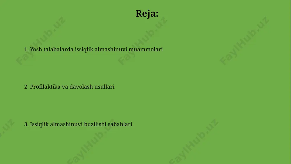 muammolari yosh bolalarda tana haroratini tartibga solish tizimining yetarlicha rivojlanmaganligi sababli, atrof-muhit haroratining o'zgarishiga nisbatan 2-3 baravar yuqori sezuvchanlik kuzatiladi. yosh bolalarda issiqlik chiqarish mexanizmining (terlash, nafas olish) yetarli darajada rivojlanmaganligi tufayli, yuqori haroratda tana haroratini pasaytirish qiyinlashadi va 40°c dan yuqori harorat xavfli hisoblanadi. o'qituvchilar uchun tavsiyalar darslarni interaktiv qilish uchun, 5-7 minutlik amaliy mashg'ulotlarni o'tkazing, bu yerda o'quvchilar issiqlik o'tkazuvchanligi farqini turli materiallar misolida kuzatadilar. o'quv jarayonida 2-3 ta turli xil issiqlik almashinuvi usullarini (masalan, konveksiya, konduksiya, radiatsiya) amaliy misollar orqali tushuntirishga harakat qiling. jismoniy faoliyat va issiqlik almashinuvi jismoniy mashqlar paytida bolalarda yurak urishi tezligi kattalarga nisbatan ancha yuqori boʻlib, bu issiqlik almashinuvi tezligini oshiradi, 150-200 zarb/minutgacha yetishi mumkin. yosh bolalarda jismoniy faoliyat intensivligi 30-60 minut oraligʻida boʻlganda, terlash orqali issiqlik almashinuvi 70% gacha yetishi mumkin. ota-onalar uchun tavsiyalar суюқлик истеъмолига эътибор беринг, кунига камида 8 стакан сув ичиш, айниқса иссиқ кунларда, терлаш орқали йўқотилган сувни тўлдиришда …