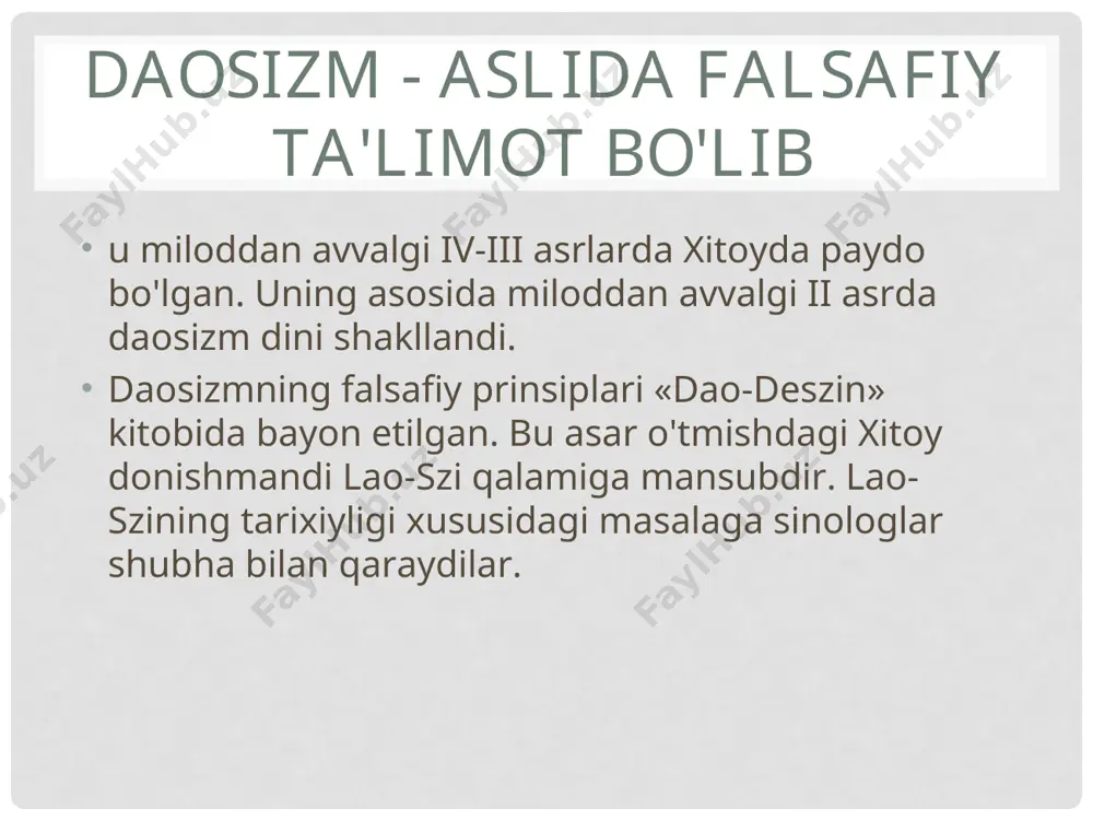 ar daosizm haqida, shuningdek lao tszi va uning daodejing kitobi haqida bilishadi. minglab tadqiqotlar va kitoblar allaqachon yozilgan, ammo daosizmning diniy, falsafiy jihatlari, uning amaliyoti, rivojlanish bosqichlari haqidagi tortishuvlar shu kungacha susaymayapti. o'tgan asrning oxirida boshlangan ko'p yillik tadqiqotlar davomida biz ko'plab kutilmagan xulosalarga keldik. masalan, daosizm falsafiy ta'limot sifatida zamonaviy g'arb tafakkurining to'liq va to'liq ixtirosi deb aytishimiz mumkin; daosizm ta'limi birinchi navbatda qadimgi xitoy imperiyasida jamiyatning yuqori qatlamlariga qaratilganligi, daosizm konfutsiy ta'limotiga qaraganda ancha konservativ bo'lganligi va boshqa ko'p narsalar haqida. hech qanday muhim hodisa o'z-o'zidan paydo bo'lishi mumkin emas va asoschilarga ega bo'lishi mumkin emas. daosizm asoschilari xuang di va lao tsu, deb hisoblashadi, garchi ularning hayoti taxminan 2500 yil bilan ajralib turadi. daosizmning qadimiy nomi - "xuanddi va laosining ta'limoti" (xuang lao syu). ushbu ta'limot birinchi marta sima tsian tomonidan yozilgan "tarixiy eslatmalar" da qayd etilgan. qadimgi matnni tahlil qilib, quyidagi xulosalarga kelish mumkin xuang lao …