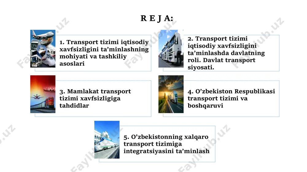 a mahalliy yuk tashish kompaniyalarining jami yuk tashish ishlarini tashkil etishdagi ulushi 7. transport ishlarini chet el tranzit tashish tizimiga o’tkazilishi natijasida mamlakat transportiga moliyaviy yetkazilgan zarar. turli mulkchilik shaklidagi transport korxonalari o’rtasida raqobat va o‘zaro hamkorlik muhiti asosida transport xizmatlari bozorini shakllantirish transport tizimini texnik qayta jihozlash va yuqori samarali transport texnologiyalarini joriy etish transportni rivojlantirishning me’yoriy-huquqiy asoslarini yaratish, jamoat transport xizmatlari ko‘rsatish va yuk tashishda umumiy xavfsizlik va ekologik tozalikni kafolatlash milliy transport tizimini jahon transport tizimiga o'zaro manfaatli integratsiyalashuvini ta’minlash ushbu maqsadga erishish uchun quyidagi vazifalar amalga oshiriladi transportga bo‘lgan ehtiyojni to‘liq qondirishni ta’minlaydigan hamda jamiyatning xavfsizlik va ekologik tozalik nuqtai nazaridan ehtiyojlarini qondiradigan yuk va yo‘lovchi tashish tizimini shakllantirish transportni rivojlantirishning strategik maqsadi hisoblanadi. 2. transport tizimi iqtisodiy xavfsizligini ta’minlashda davlatning roli. davlat transport siyosati. transport sohasini davlat tomonidan tartibga solish transport sohasini davlat tomonidan tartibga solish litsenziyalash, sertifikatlashtirish, ruxsat berish va xabardor qilish tartib- taomillarini …