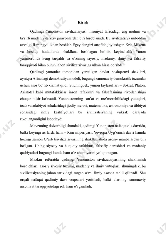 taraqqiyotidagi roli ham o‘rganiladi. 1. qadimgi yunonistonning geografik joylashuvi qadimgi yunoniston (antik gretsiya) hududi asosan janubiy yevropa qit’asining janubi-sharqiy qismini egallagan bo‘lib, zamonaviy gretsiyaning asosiy qismini tashkil etgan. ushbu sivilizatsiya tarixan uchta asosiy mintaqani qamrab olgan: yunon yarimorolining janubiy qismi (peloponnes), markaziy va shimoliy yunoniston (attika, beotiya, fessaliya) hamda egey dengizi orollari va kichik osiyoning g‘arbiy qirg‘oqlari (xususan, ioniya va eoliy mintaqalari). qadimgi yunoniston geografik jihatdan juda notekis, tog‘li va qirg‘oqqa yaqin hududlarda joylashgan bo‘lib, bu omil uning iqtisodiy, siyosiy va madaniy rivojlanishiga bevosita ta’sir ko‘rsatgan. tog‘li relyef shahar-davlatlar (polislar) orasida siyosiy parokandalikni yuzaga keltirgan bo‘lsa, egey dengiziga yaqinlik esa dengizchilik, savdo va tashqi aloqalar rivojiga kuchli turtki bergan. yunoniston hududi shimolda makedoniya va fessaliya bilan chegaralangan bo‘lib, janubda peloponnes yarimoroli joylashgan. sharqda egey dengizi, g‘arbda esa ioniya dengizi bilan o‘ralgan edi. bu geografik holat qadimgi yunonlar uchun dengiz savdosi, kemasozlik va mustamlaka siyosatini rivojlantirishda muhim rol o‘ynagan. ayniqsa, egey …