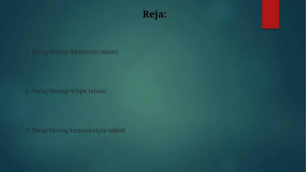 lik, masalan, ko'k rang, katta to'lqin uzunligiga ega yorug'likka qaraganda, torroq difraksiya naqshini hosil qiladi. yorug'likning dualistik tabiati fotoelektrik effekt hodisasi yorug'likning zarracha tabiati haqida dalil bo'lib, bunda yorug'lik kvantlari (fotonlar) elektronlarni metall yuzasidan uchirishga qodir. yorug'likning to'lqin uzunligi 400 dan 700 nanometrgacha bo'lgan elektromagnit spektrining bir qismidir va bu diapazonda turli xil ranglarni ko'rishimizga imkon beradi. yorug'likning polarizatsiyasi polarizatsiya filtrlari, masalan, polaroid filtrlari, faqat ma'lum bir tekislikda tebranadigan yorug'likni o'tkazadi va 50% ga yaqin yorug'likni to'sib qo'yadi. brewster burchagi deb ataluvchi burchakda, p-polarizatsiyalangan yorug'lik to'liq qaytarilmaydi, aksincha sindiradi va bu hodisa yorug'likning qutblanishini aniqlashda muhim rol o'ynaydi. e'tiboringiz uchun rahmat @taqdimot_robot image6.jpg image7.jpg image8.jpg image9.jpg image10.jpg image11.jpg image12.jpg image2.png image3.png image4.png image5.png