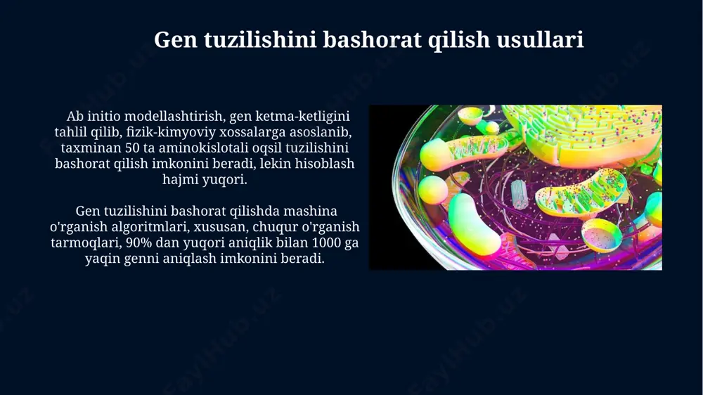 ini, ya'ni oqsilning harakatini va konformatsion o'zgarishlarini o'rganish va real vaqtda kuzatish mumkin, bu 10-9 sekunddan 10-3 sekundgacha bo'lgan vaqt oralig'ini qamrab oladi. nmr spektroskopiyasi yordamida 10 kda dan 40 kda gacha bo'lgan kichik oqsillar va peptidlarning strukturasini yuqori aniqlikda aniqlash mumkin. oqsil funksiyasini bashorat qilish oqsil funksiyasini bashorat qilishda, gomologiya modellashtirish va mashinaviy o'rganish algoritmlari kabi turli xil hisoblash usullari qo'llaniladi, ularning har biri o'ziga xos aniqlik va cheklovlarga ega. oqsil funksiyasini bashorat qilishda, 3d tuzilishi ma'lum bo'lgan oqsillar uchun 70% aniqlikka erishish mumkin, ammo yangi, noma'lum ketma-ketliklar uchun aniqlik 50% dan kam bo'lishi mumkin. oqsil tuzilishini bashorat qilish usullari ab initio usullari, kichik oqsillar (100 aminokislotadan kam) tuzilishini bashorat qilish uchun qo'llaniladi va hisoblash quvvati jihatidan talabchan. homologiya modellashtirish usuli, ma'lum tuzilishga 30% dan yuqori ketma-ketlik o'xshashligiga ega bo'lgan oqsillar uchun yuqori ishonchlilik bilan tuzilishni bashorat qiladi. kriyo-elektron mikroskopiya krio-elektron tomografiyasi usuli yordamida hujayraning ichki qismini 3 oʻlchamda …