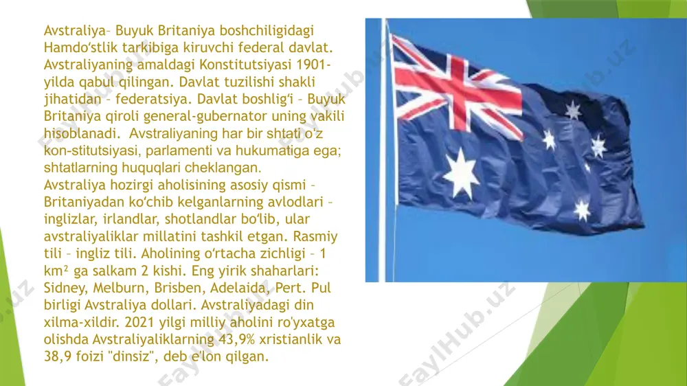 ish va qazib olish bilan shug’ullanadi. 30 milliard aqsh dollar daromadi mavjud va avstraliyadagi enf boy inson. dunyodagi eng kuchli 100 ta ayollar ro’yxatiga kiritilgan. andrew forrest – twiggy laqabi bilan tanilgan tadbirkor. o’zining konchilik kompaniyasi mavjud. boyligi esa 21 milliard aqsh dollarini tashkil qiladi. shuningdek avstraliyadagi 2-eng boy inson hisoblanadi. avstraliya haqida qiziqarli ma’lumotlar avstraliya faol vulqonlarga ega bo’lmagan yagona qit’adir. avstraliyada eng kam ish haqi soatiga 16 dollarni tashkil etadi. avstraliyada kengrular soni aholisi sonidan 2 barobarga ko’p. avstraliyada bir quti segaret o’rniga qancha oziq-ovqat sotib olishingiz mumkinligi ko’rsatilgan. avstraliyada bir quti segaret narxi esa o’rtacha 40$ tashkil etadi. foydalanilgan adabiyotlar www.uz.wikipedia.org www.wikipedia.org www.fobes.com www.kantar.com e’tiboringiz uchun rahmat! image1.jpg image2.jpg image3.jpg image4.jpg image5.png image6.jpg image7.jpg image8.png image9.png image10.png image11.png image12.png image13.jpeg image14.jpg image15.jpg australian and american money. currency exchange rate concept. business,handshake /docprops/thumbnail.jpeg
