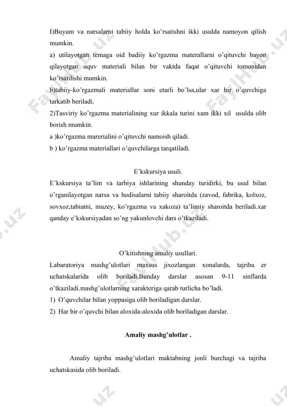ning ochishning ma’lum mantig’ini-xususiydan umumiyga yoki umumiydan xususiyga utishni ta’minlashni anglatadi. induktiv usullar texnik qurilmalarni o’rganishda va amaliy topshiriqlarni bajarishda keng qullaniladi. deduktiv uslub-o’kuv materialini tezroq o’qitishga yordam beradi, tafakkurni bir muncha faolroq rivojlantiradi. nazariy materialni o’zlashtirishda anchagina umumiy holatlardan ayrim oqibatlarni aniqlashni talab qiluvchi masalalarni echishda diduktiv usulni qo’llash maqsadga muofik bo’ladi. ta’lim jarayonida o’quvchini rag’batlantirish va tanbex berish usullari. o’quv faoliyatini rag’batlantirish deb kishining aktiv faoliyatiga bo’lgan tashqi mayliga aytiladi. rag’batlantirish va tanbex berish usullari o’ziga xos xususiyatlarga e’ga. -baxo bilan rag’batlantirish -baxosini pasaytirish -kundalikka yozish -xatolarini ko’rsatish -koyish – bu ilojsiz kolgandagina chora -so’kish (yomon gaplar bilan) urish mumkin e’mas ta’limni tashkil e’tish vakillari. respublikamizda xalq ta’limi oldiga qo’ygan talab va e’xtiyojlardan kelib chiqkan xolda maktab ta’limini tashkil qilishning yangi-yangi vakillari yaratilmokda. sinf-bu yoshi va bilimi jixatidan bir xil ma’lum miqdordagi o’quvchilar guruxi. dars-deb bevosita o’quvchining rahbarligida muayyan o’quvchilar guruxi bilan olib ta’lim mashg’ulotiga aytiladi. dars o’quv …