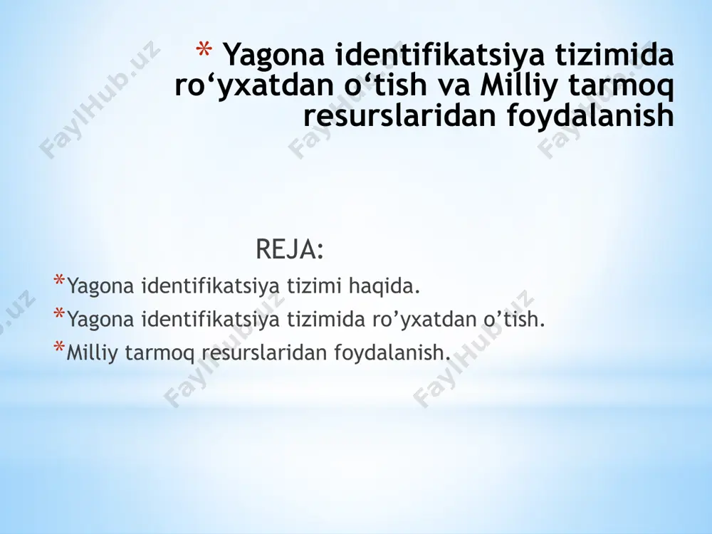 iya tizimi qonuniy va qulay yoʻl. yagona identifikatsiya tizimi qonun bilan belgilanadi. vazirlar mahkamasi tomonidan 17 dekabr 2015 yil 365 sonli tasdiqlangan foydalanuvchilarni aniqlash yagona identifikatsiya tizimi elektron hukumat haqidagi nizomga muvofiq, yagona identifikatsiya tizimi tomonidan koʻrsatilgan maʼlumotlar haqiqiy deb qabul qilish lozim. yuridik shaxslarni identifikatsiya qilish agar siz tashkilot (kompaniya) rahbari boʻlib jismoniy shaxs sifatida roʻyxatdan oʻtgan boʻlsangiz, oʻz kabinetingizda tashkilot qoʻshishingiz mumkin. buning uchun, siz yagona identifikatsiya tizimi shaxsiy kabinetingizda, tashkilot rahbari nomidan olingan elektron raqamli imzo taqdim etishingiz kerak. yuridik shaxs qoʻshib siz tashkilot nomidan davlat xizmatlarini foydalanish uchun boshqa foydalanuvchilarga (sizning xodimlaringiz) oʻz vakolatlaringizni topshirish mumkin boʻladi. yagona identifikatsiya tizimida ro’yxatdan o’tish. yagona interaktiv davlat xizmatlari portalida ro'yxatdan o'tish uchun foydalanuvchi id.uz yagona identifikatsiya tizimida ro'yxatdan o'tishi lozim bo'ladi buning uchun eslatmada ko'rsatilagan havola bo'yicha o'tish (“ro'yxatdan o'tish” tugmasi bosilganda), yoki yagona identifikatsiya tizimi manzili - www.id.uz ni kiritish kerak. foydalanuvchi barcha kataklarga tegishli ma'lumotlarni kiritishi …