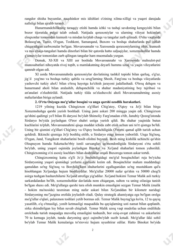 ng asosiy hukmdorlari bo'lib qolamiz, deb o'ylashgan edi. ularning bunday rejalarini tushunganyag'mo va chigillaming boshliqlari zodagonlarni quvg'in qila boshladilar. buning oqibatida keksa boy qatlam vakillari o'z ekinzorlari, uy-joylari, mulklari va boyliklaridan mahrum bo'ldilar. dehqon degan nom endilikda faqat oddiyjamoatchiga nisbatan aytiladigan bo'lib qoldi. aslzodalar o'zlarining daromad manbai — yer-mulkdan mahrum bo'la boshlagan sari oddiy jamoachi ziroatkorlar ijarachilarga aylana bordilar. bu paytda yerlar egasiz va qadrsiz bo'lib qoldi. unumdor joylar yaylovlarga aylandi. biroq keyingi voqealar jarayonida movarounnahr ijtimoiy hayotida jonlanish yuz berganligi haqida ma'lumotlar bor. xii asrlarda, ayniqsa, shaharlar kengayadi, aholining soni ko'payib, ular yanada gavjumlashadi. samarqand, buxoro, termiz, o'zgan, toshkent kabi shaharlar ichki va tashqi savdo uchun xilma-xil hunarmandchilik mahsulotlari ishlab chiqaradigan hamda chaqa-tangalar vositasi bilan olib boriladigan bozor tijoratining markaziga aylanadi. shaharlar markazida shohona saroylar, masjid, madrasa, minora va hammomlar kabi ko'plab imoratlar qad ko'taradi. shahar ichi va uning atrofida savdo va hunarmandchilik mahallalari, karvonsaroylar va bozorlar barpo etiladi. …